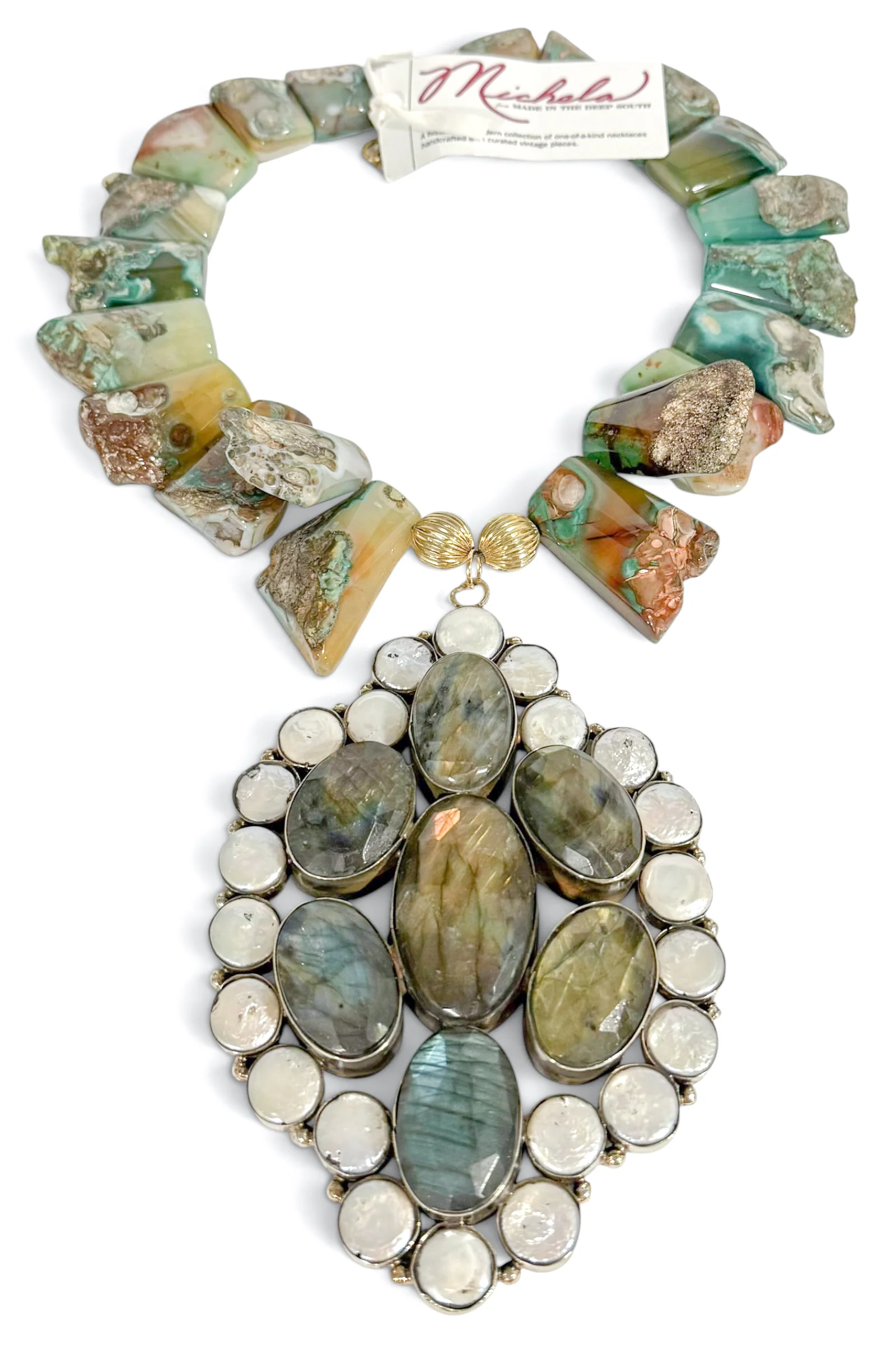 Made In The Deep South 1970s Labradorite/Pearl Pendant 1960s Agate Necklace