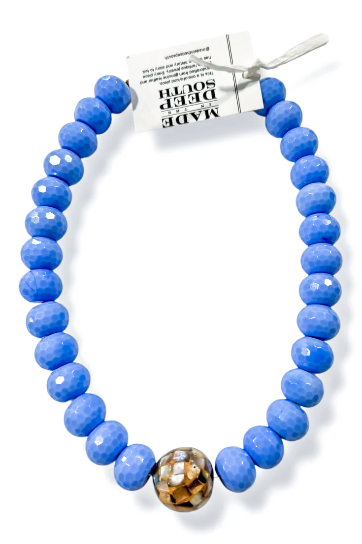 Made in the Deep South 1970s Mother Of Pearl Bead Blue Quartz Necklace
