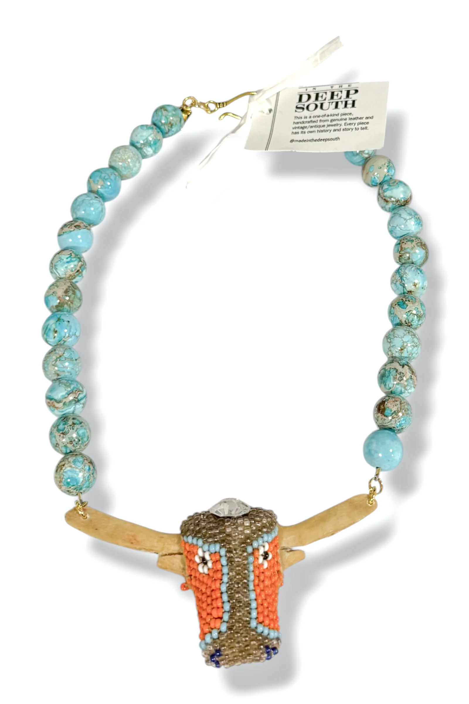 Made In The Deep South Native American Glass Bead & Bone 1960s Jasper Bead Necklace