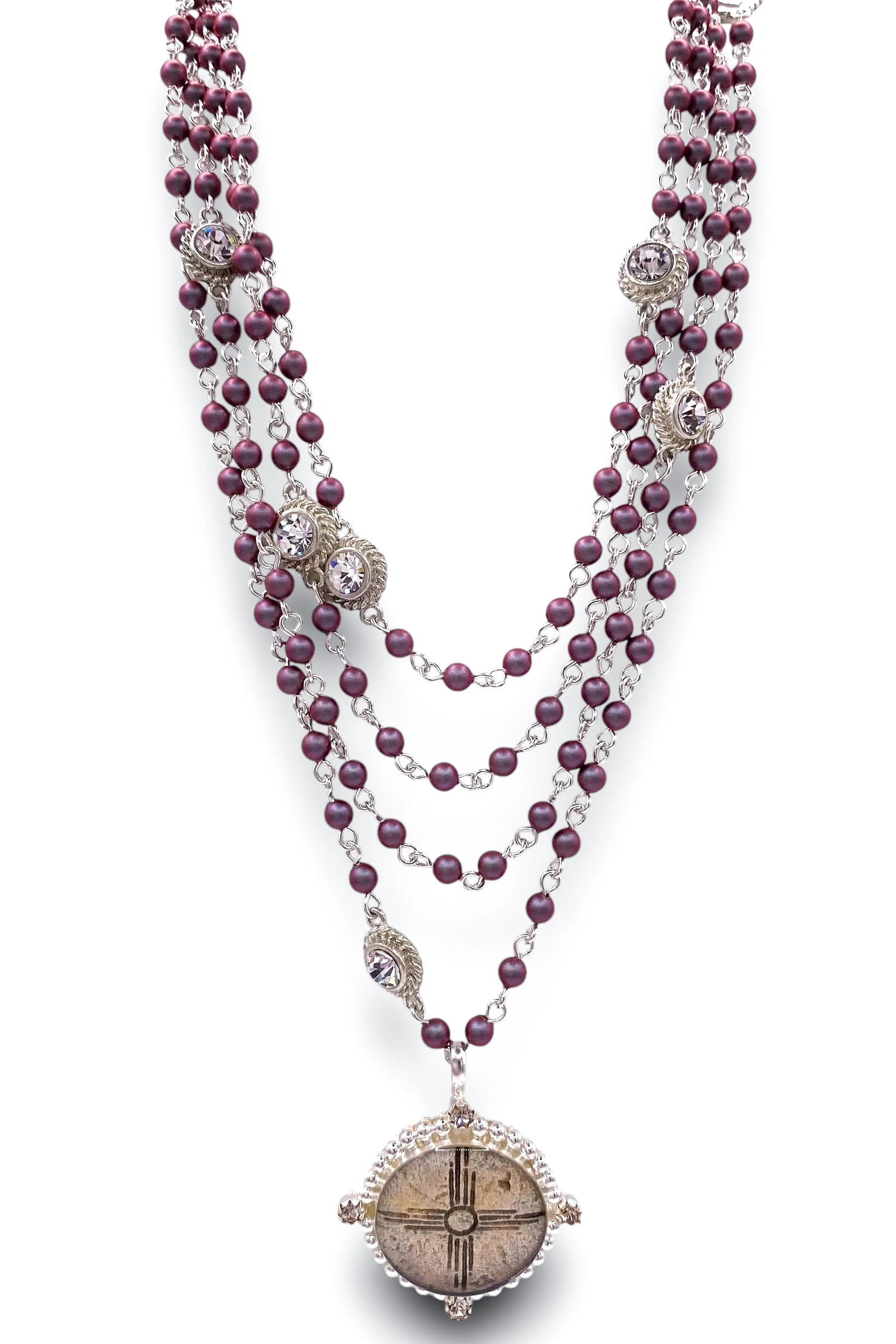 Magdalena 4mm Pearl Iridescent Red - Bespoke Zia Silver Medallion Pendant | Virgins Saints & Angels - FINAL SALE