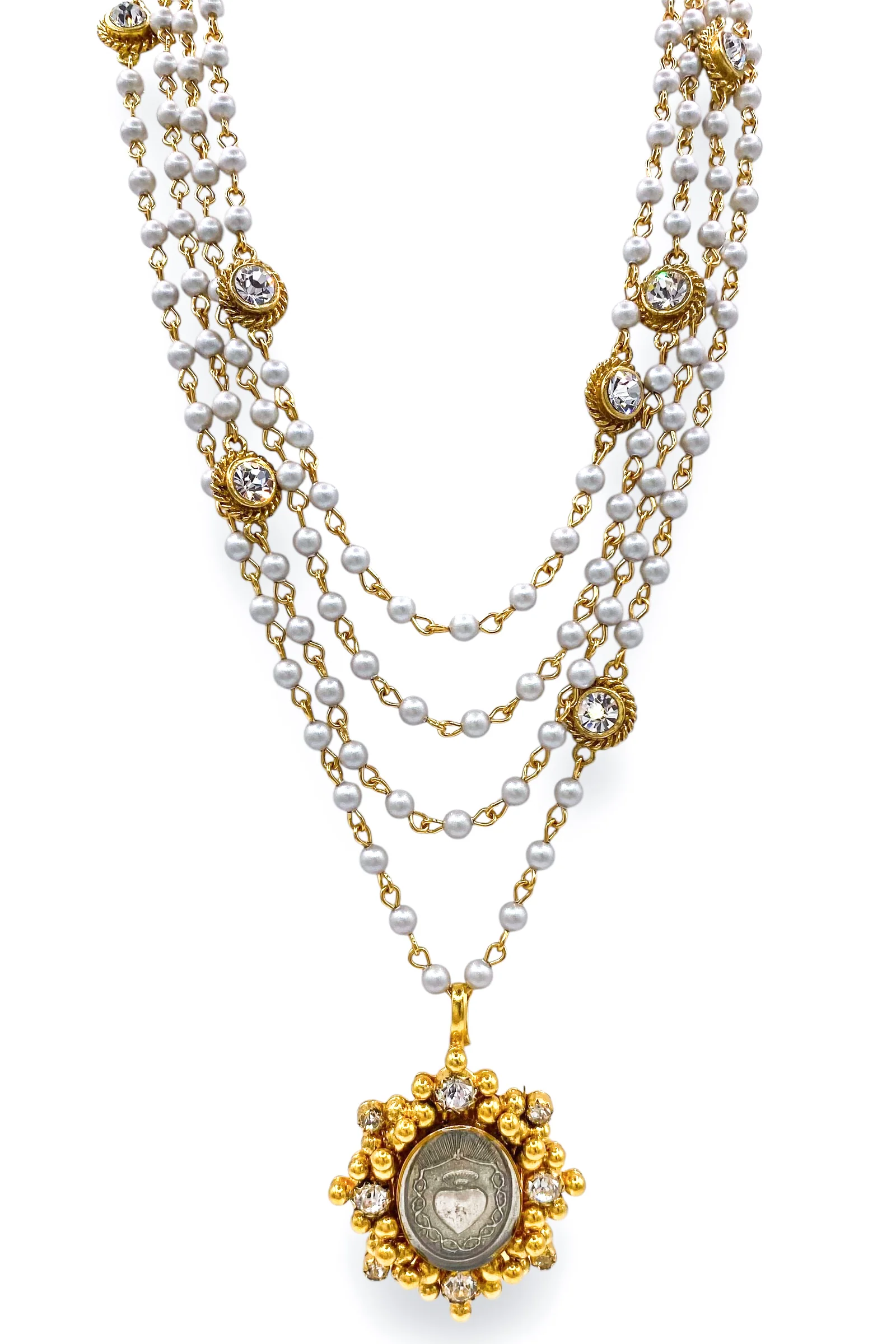 Magdalena 4mm Pearl Platinum Necklace - Oval Cloister Sacred Heart Medallion | Virgins Saints & Angels