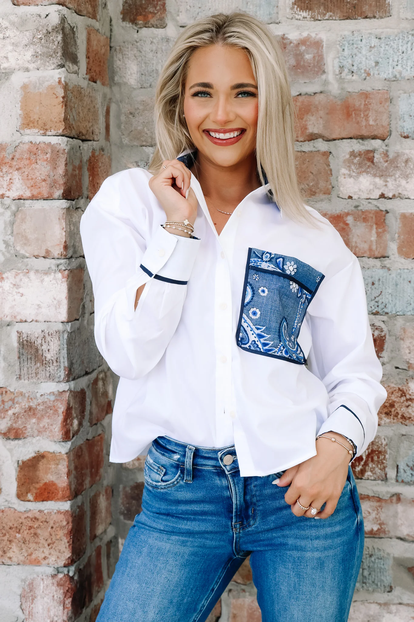 Foxcroft Marina Long Sleeve Paisley Pocket Blouse