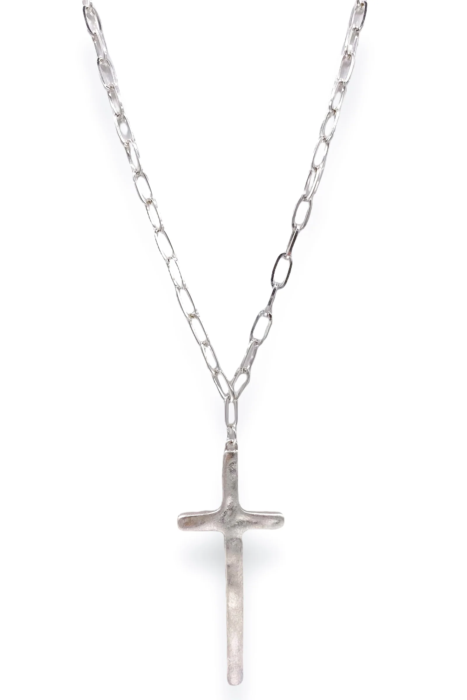 Moment of Truth Silver Cross Long Chain Necklace