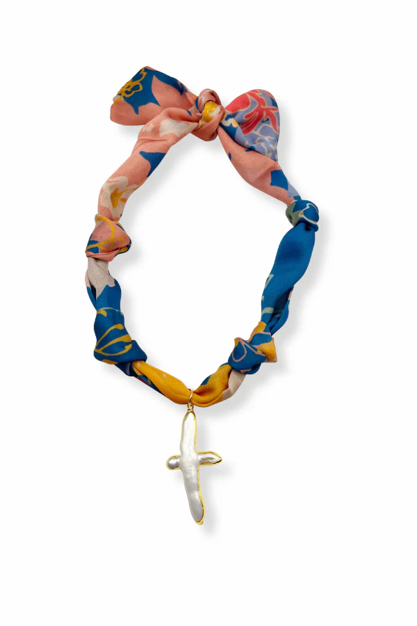 Kristalize Mother of Pearl Cross Blue Scarf Necklace