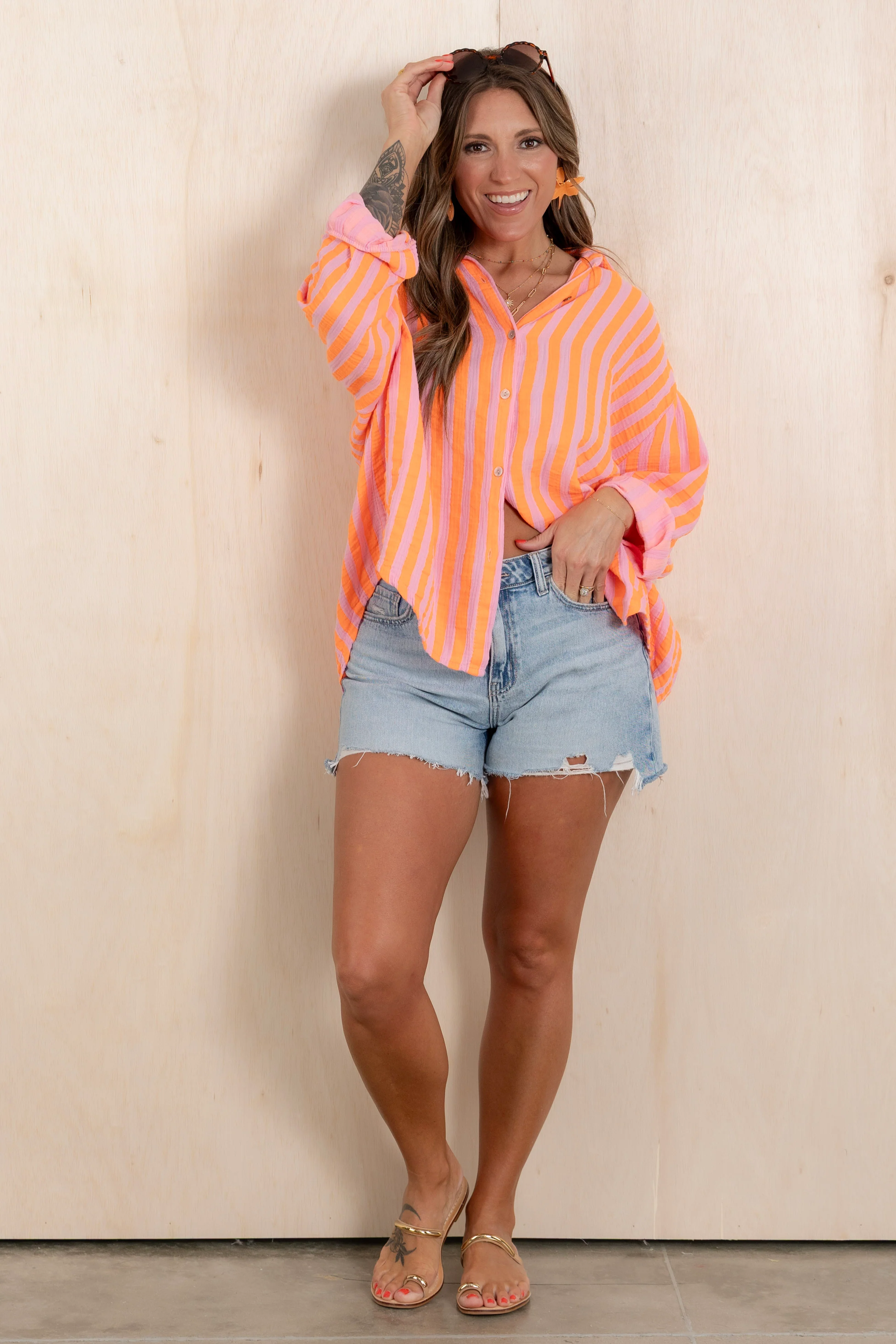 Around the Block Coral Striped Long Sleeve Top - Image 2