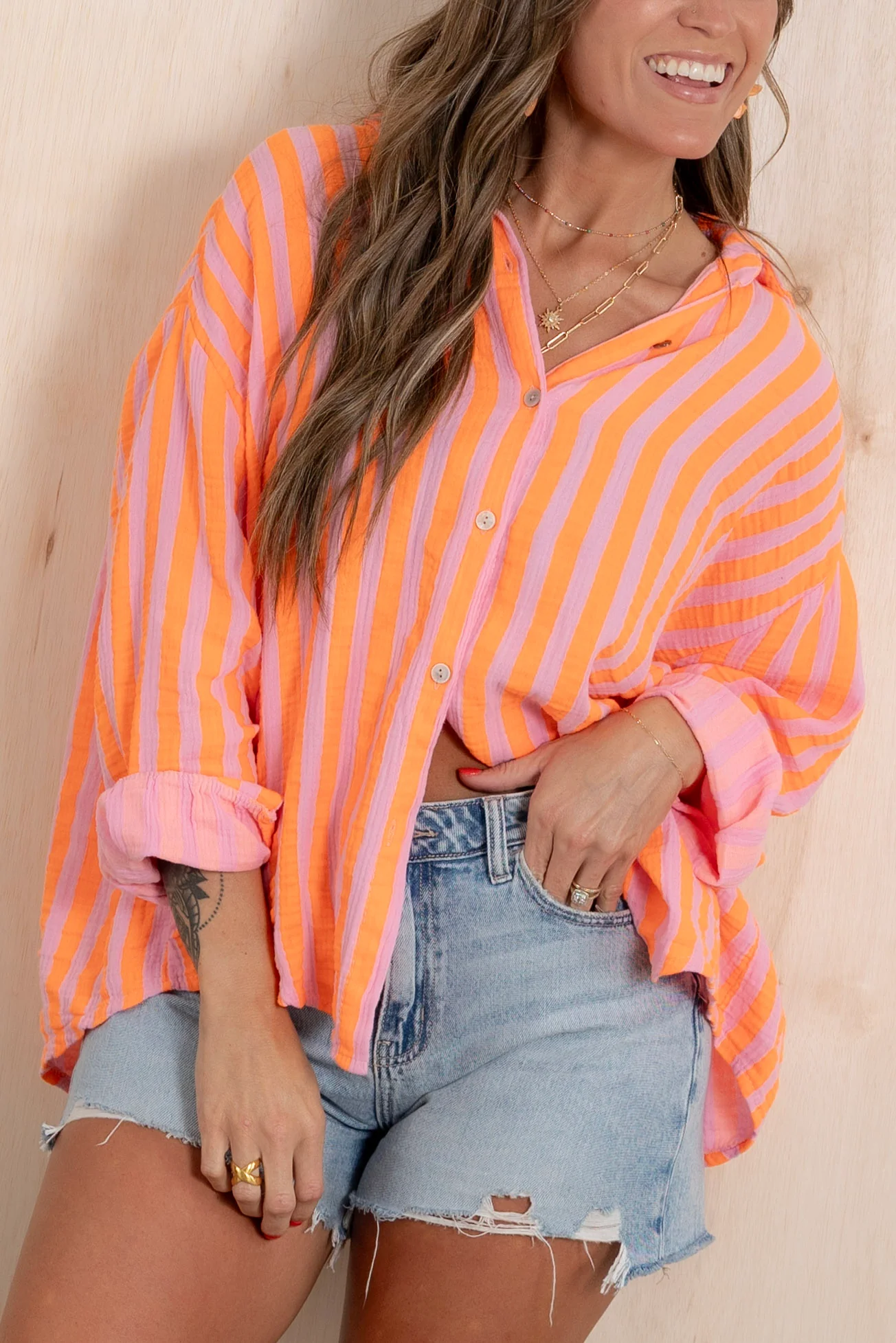 Around the Block Coral Striped Long Sleeve Top - Image 4