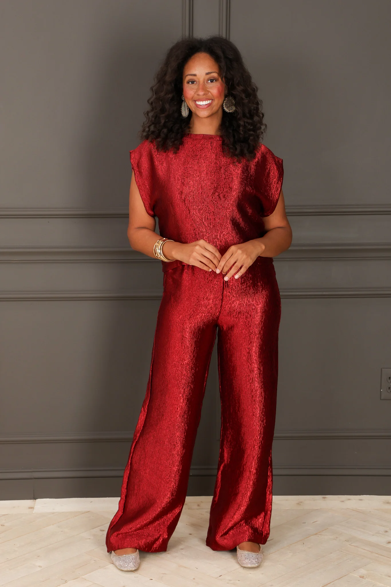 We Can Be Burgundy Metallic Short Sleeve Top