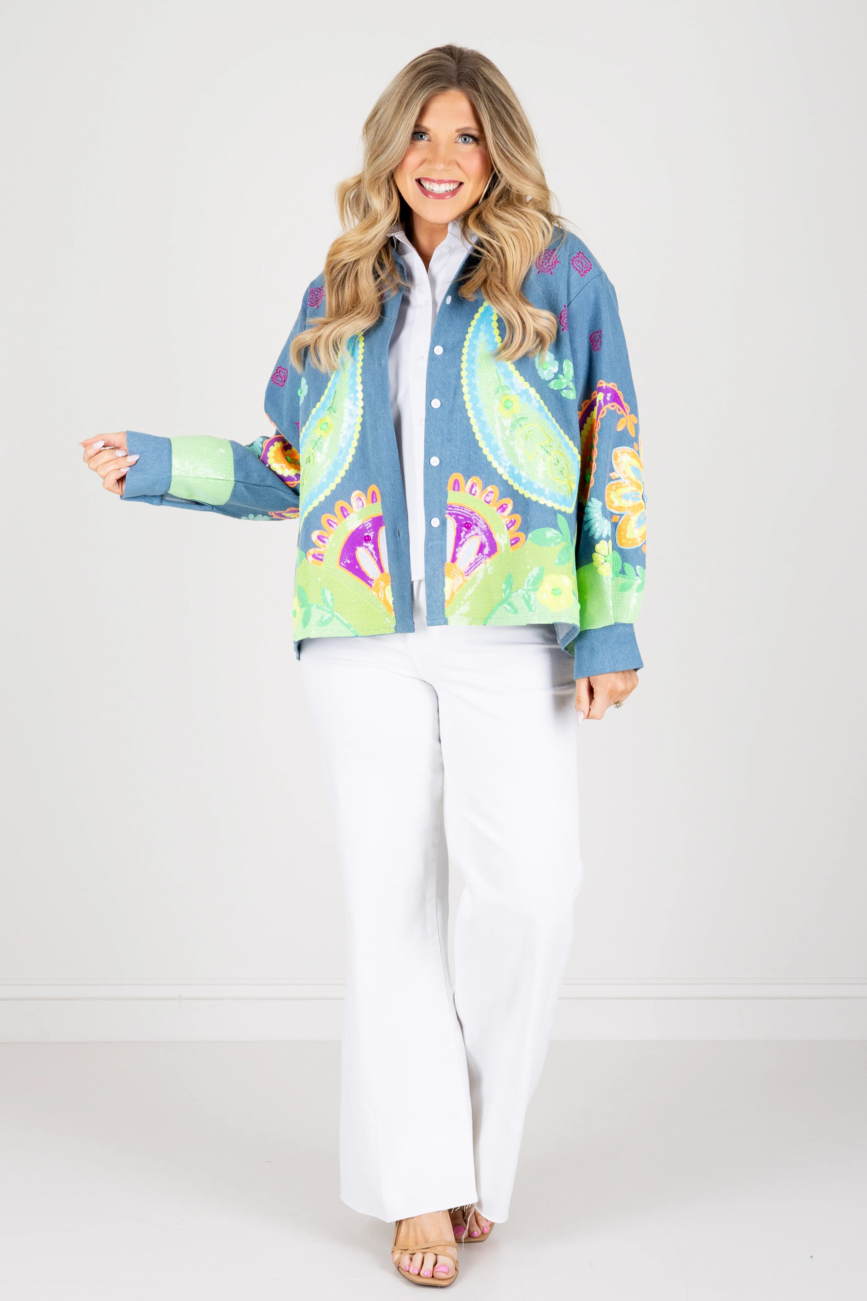 Queen Of Sparkles Neon Paisley Denim Long Sleeve Top - Image 2