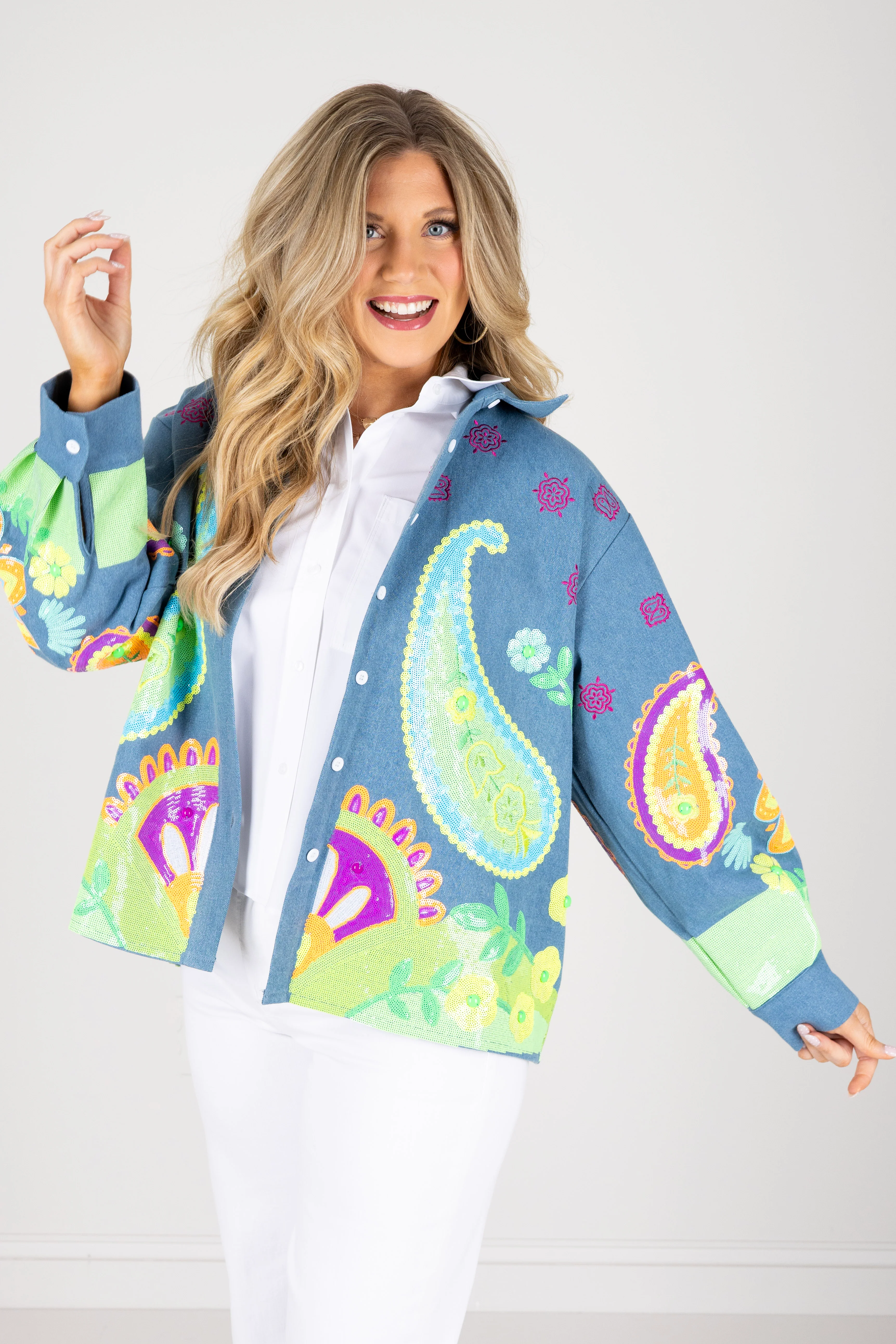 Queen Of Sparkles Neon Paisley Denim Long Sleeve Top - Image 3