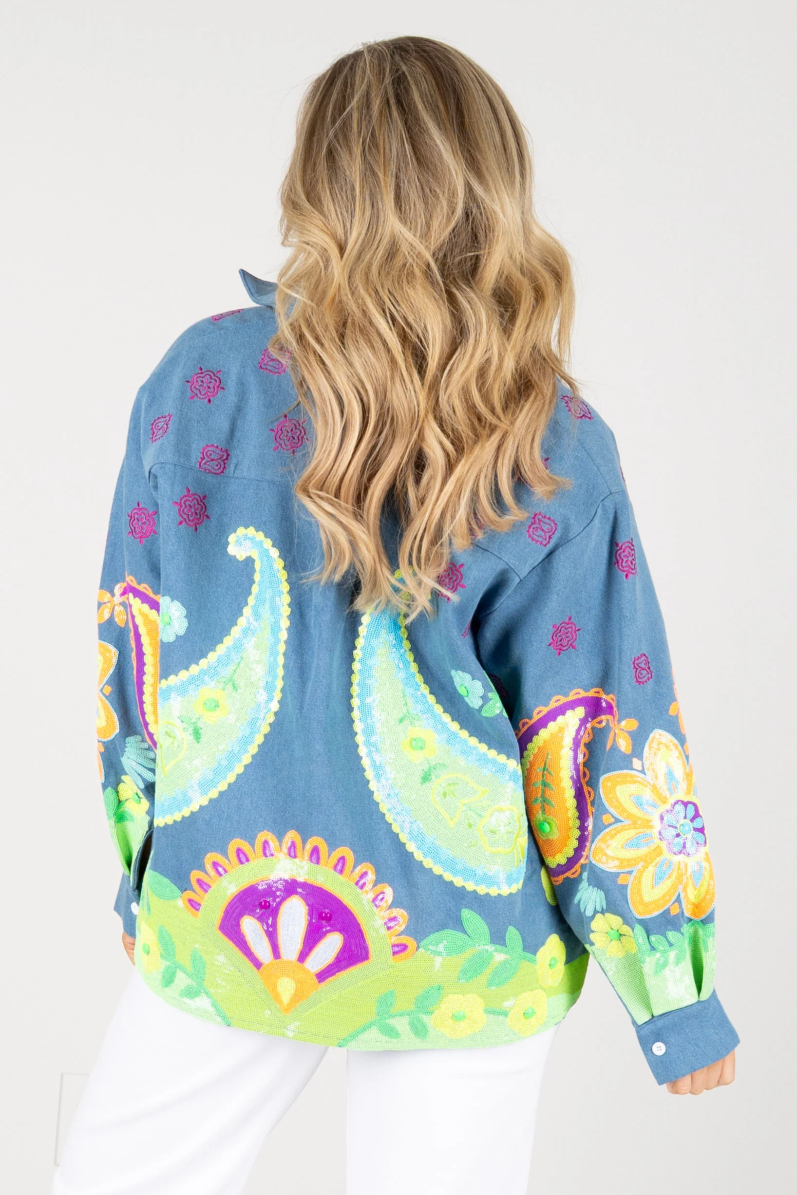 Queen Of Sparkles Neon Paisley Denim Long Sleeve Top - Image 4