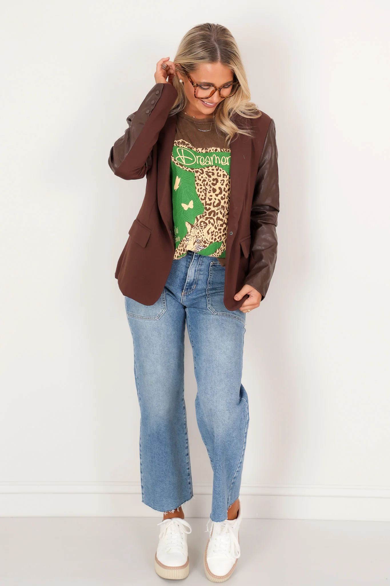 On The Edge Brown Faux Leather Long Sleeve Blazer