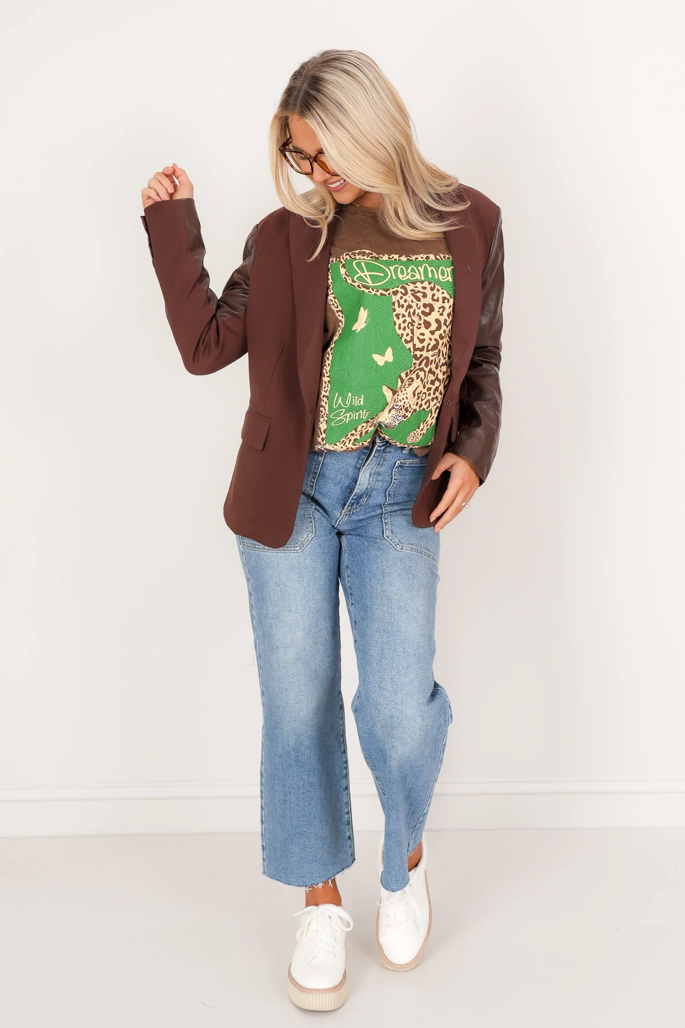 On The Edge Brown Faux Leather Long Sleeve Blazer - Image 6