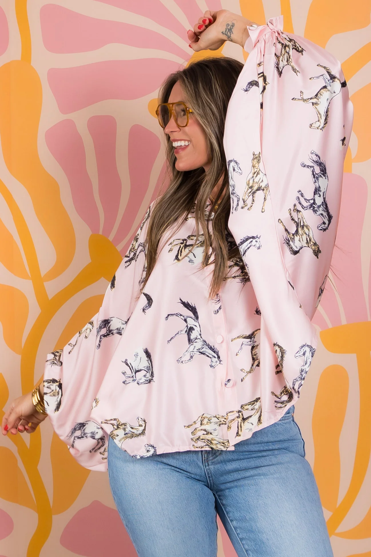 On The Run Satin Pink Long Sleeve Blouse - Image 5