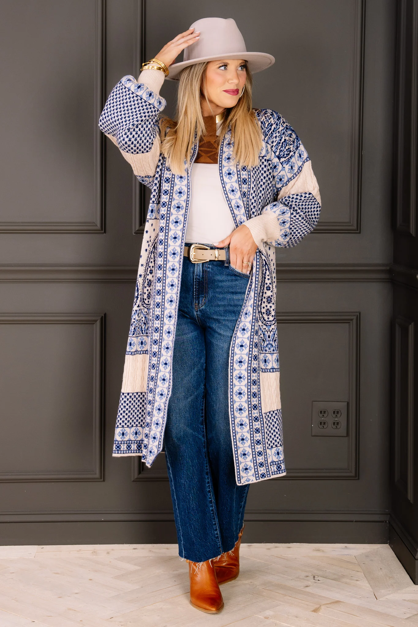 In the Breeze Navy and Cream Long Sleeve Sweater Coatigan - Image 2