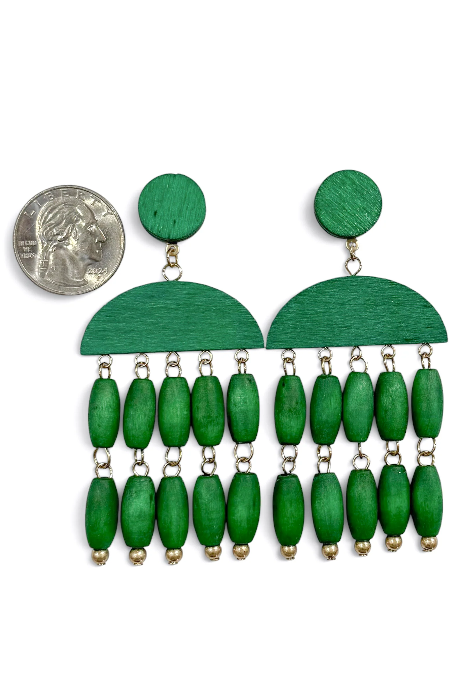 Picture Perfect Green Wooden Bead Tassel Earrings - Image 2