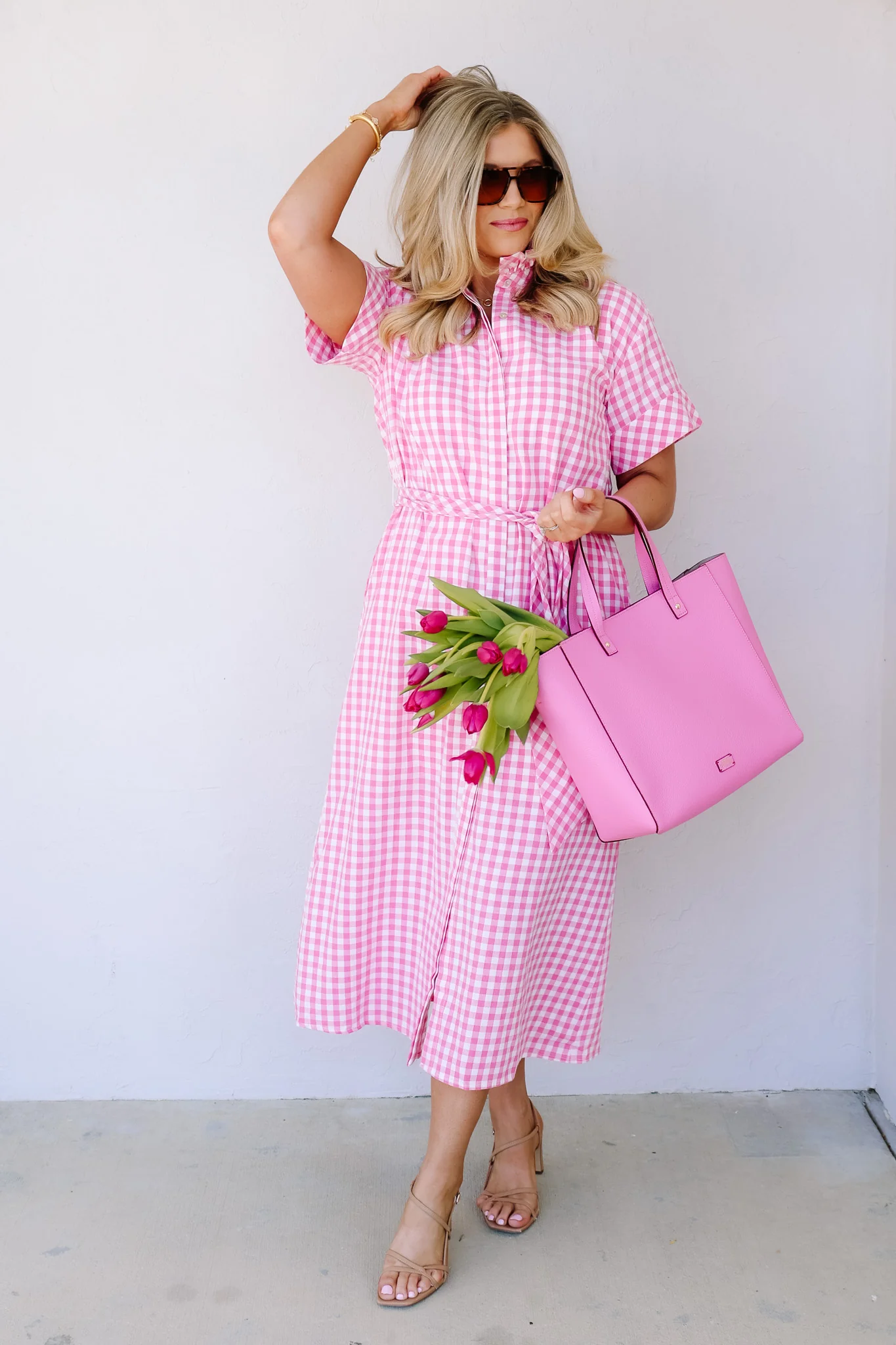 Farrah Pink Gingham Short Sleeve Maxi Dress