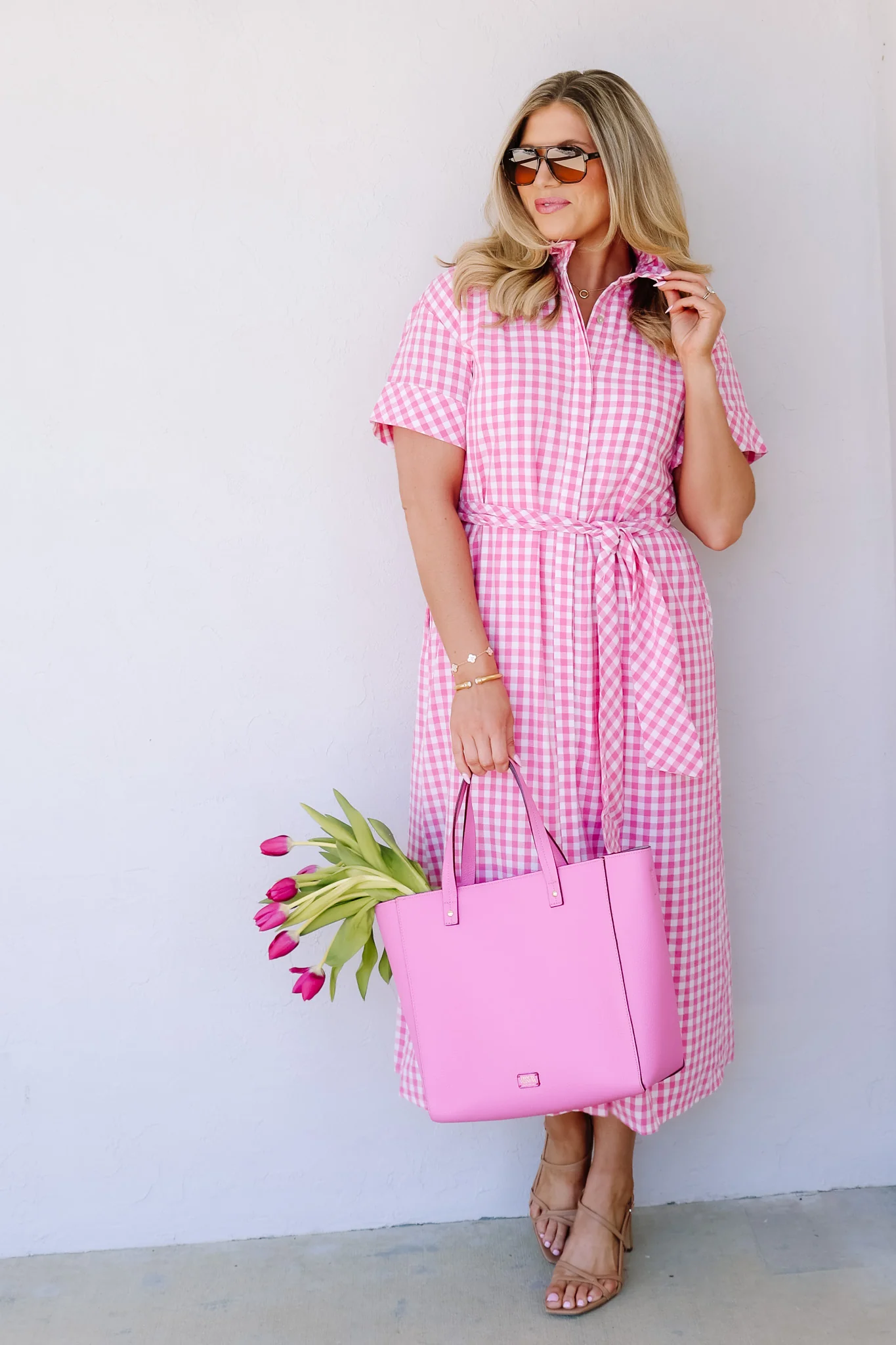 Farrah Pink Gingham Short Sleeve Maxi Dress - Image 3