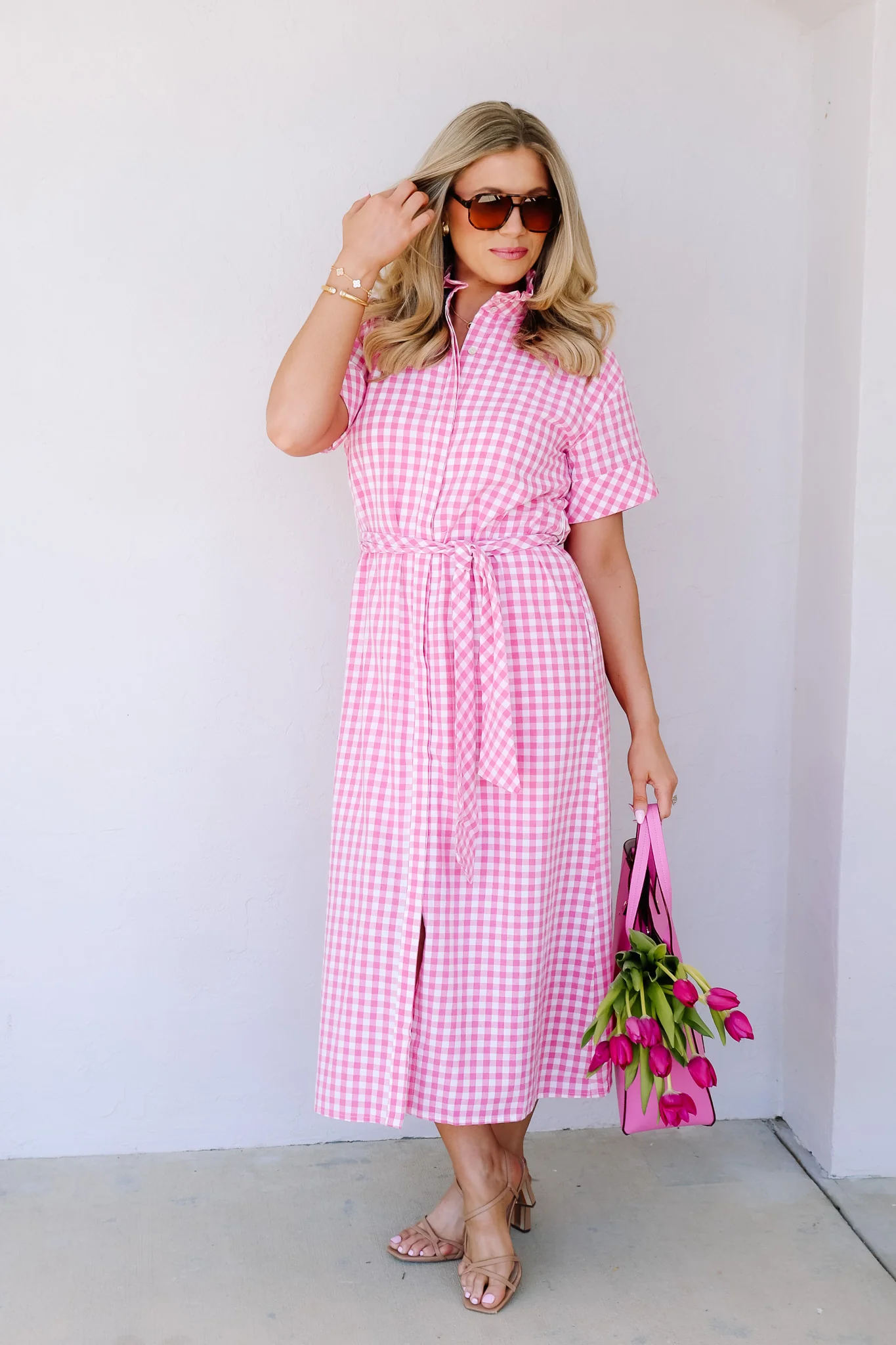 Farrah Pink Gingham Short Sleeve Maxi Dress - Image 4
