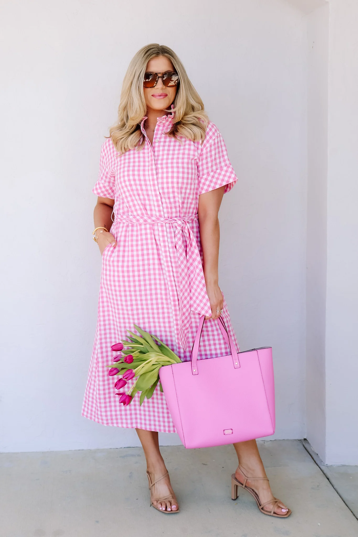 Farrah Pink Gingham Short Sleeve Maxi Dress - Image 5