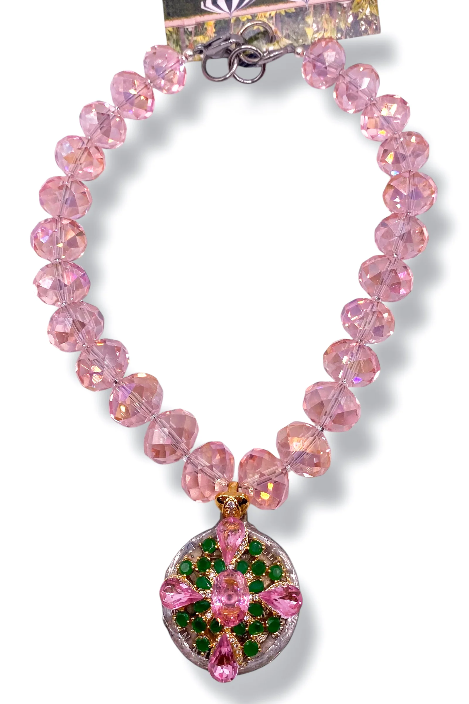 Rockstar In Rome Pink/Green Quartz Brooch Iridescent Crystal Necklace