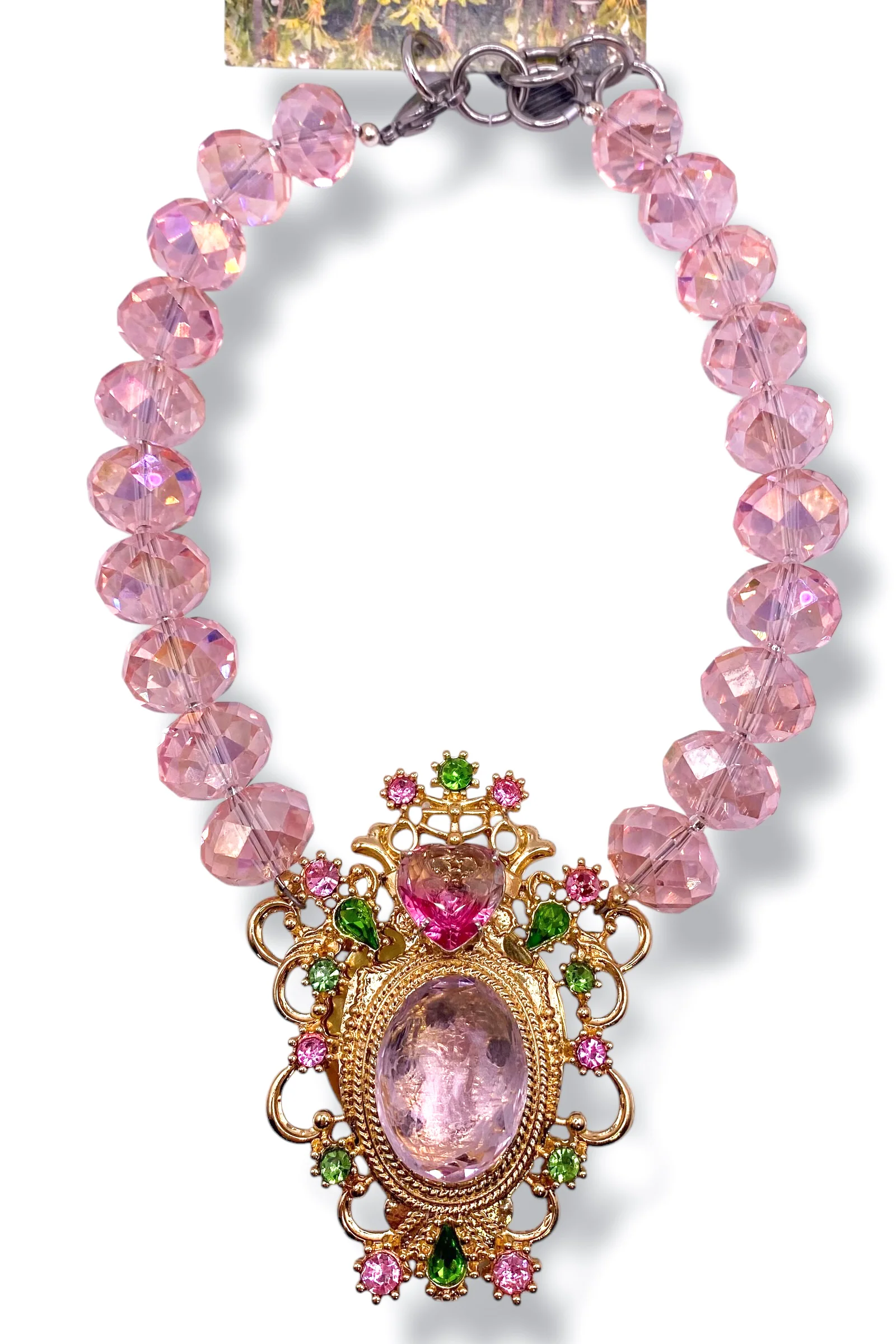 Rockstar In Rome Pink Topaz/Tourmaline Brooch Chandelier Crystal Necklace