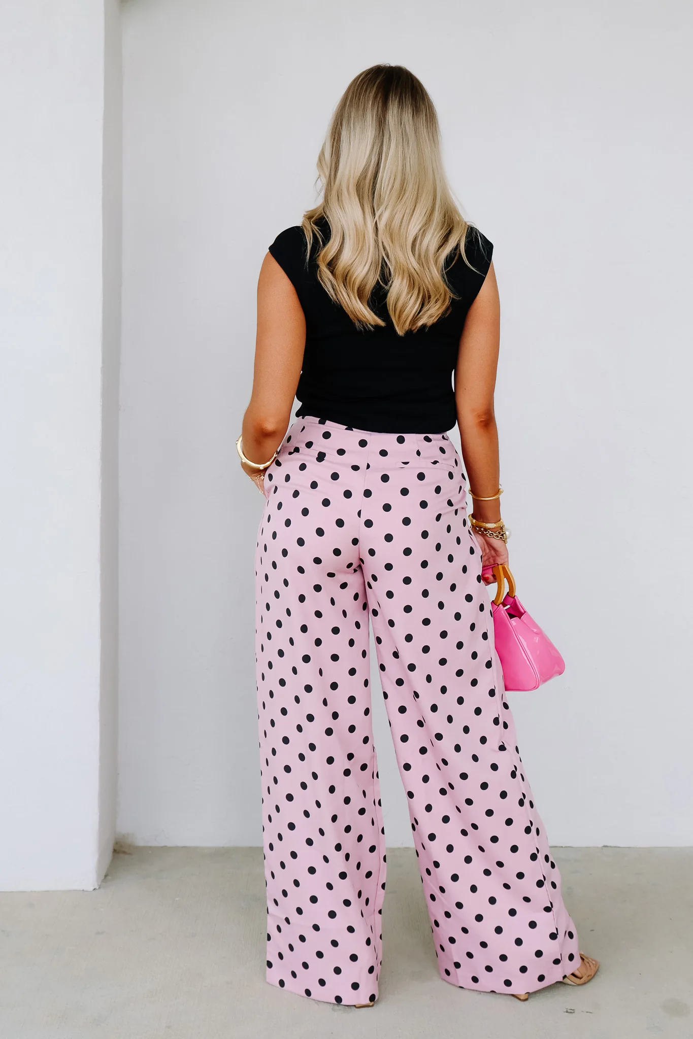 Casual Flow Polka Dot High Waisted Blush Pink Wide Pants - Image 2