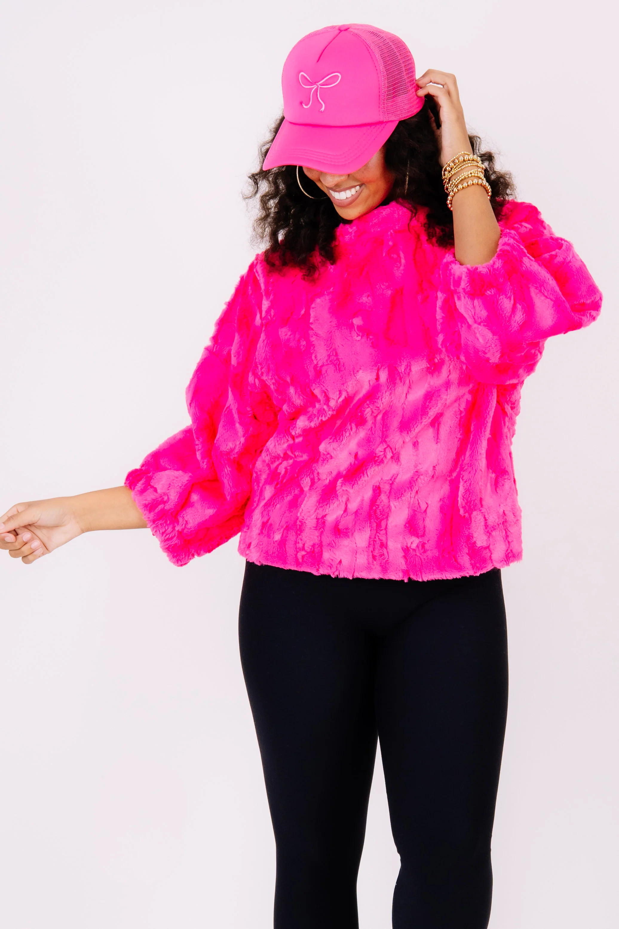 New Skies Cerise Faux Fur Short Sleeve Top - Image 3