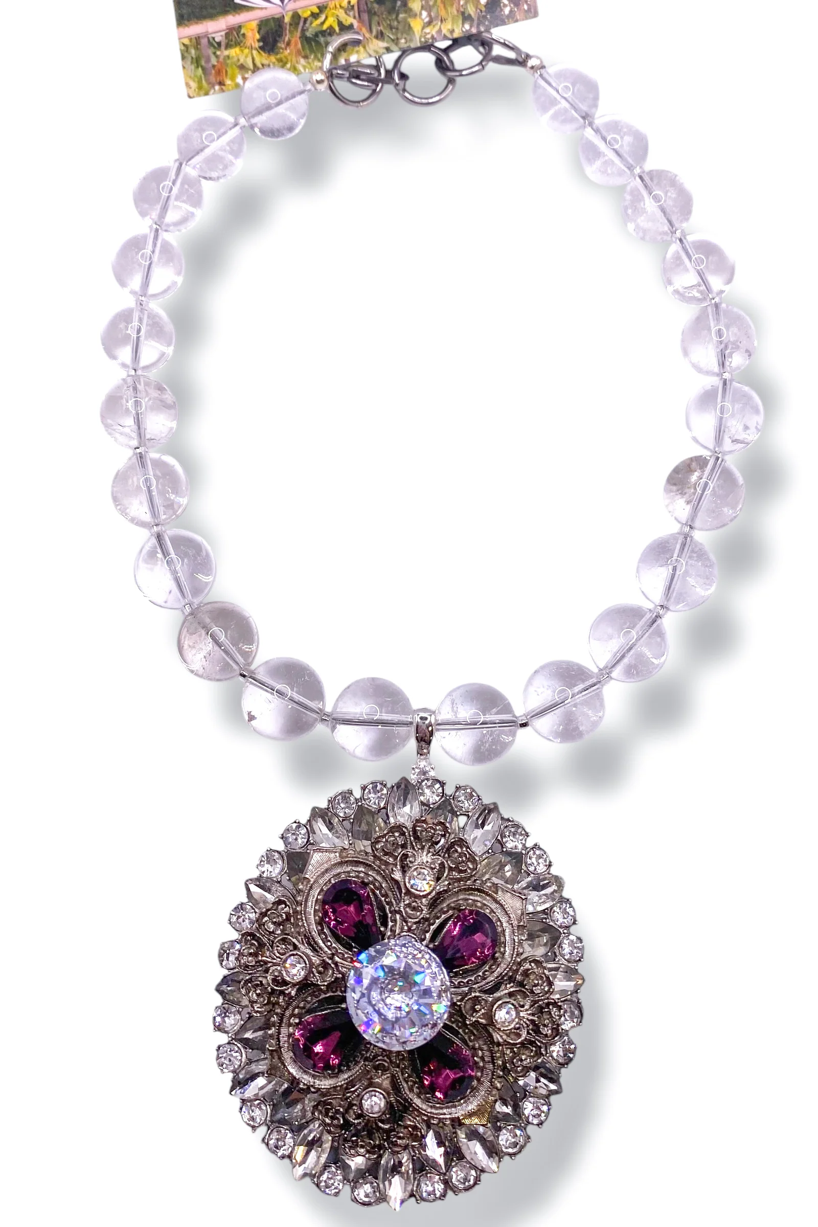 Rockstar In Rome Purple/Quartz/Crystal Brooch White Quartz Stone Necklace