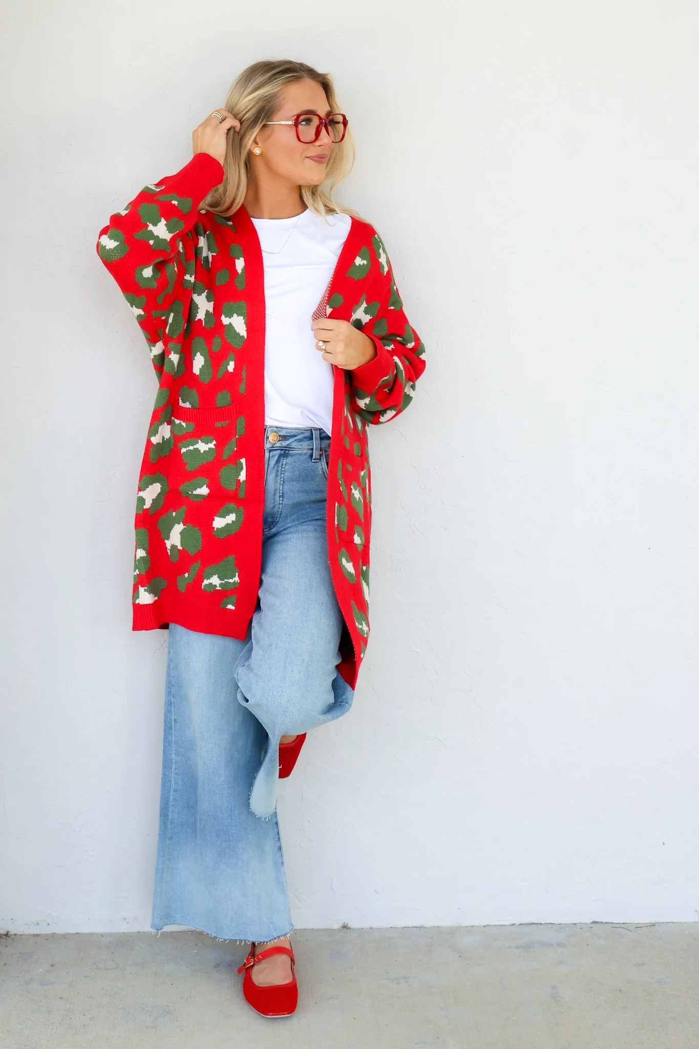 Calling It Red and Green Leopard long Sleeve Cardigan - Image 4