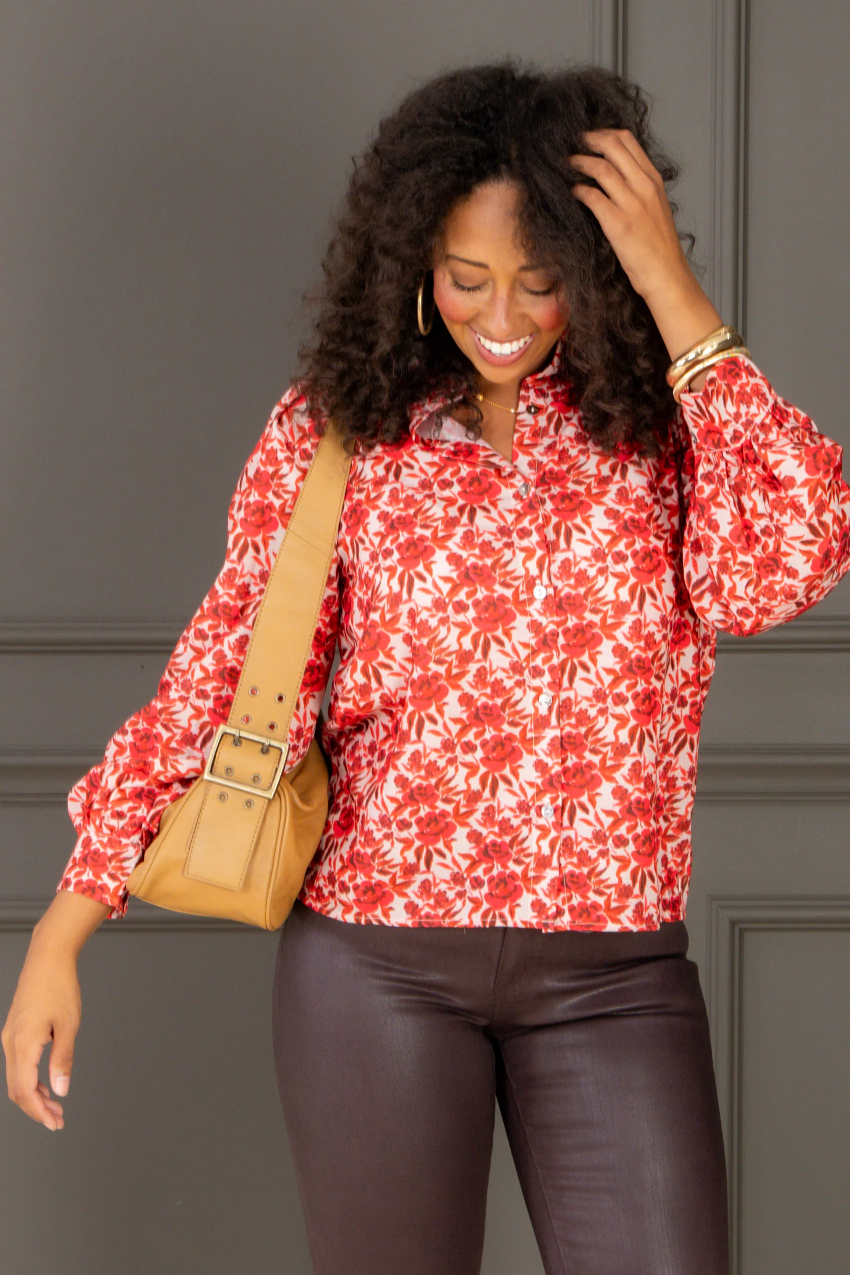 Rewind It Red Print Long Sleeve Blouse