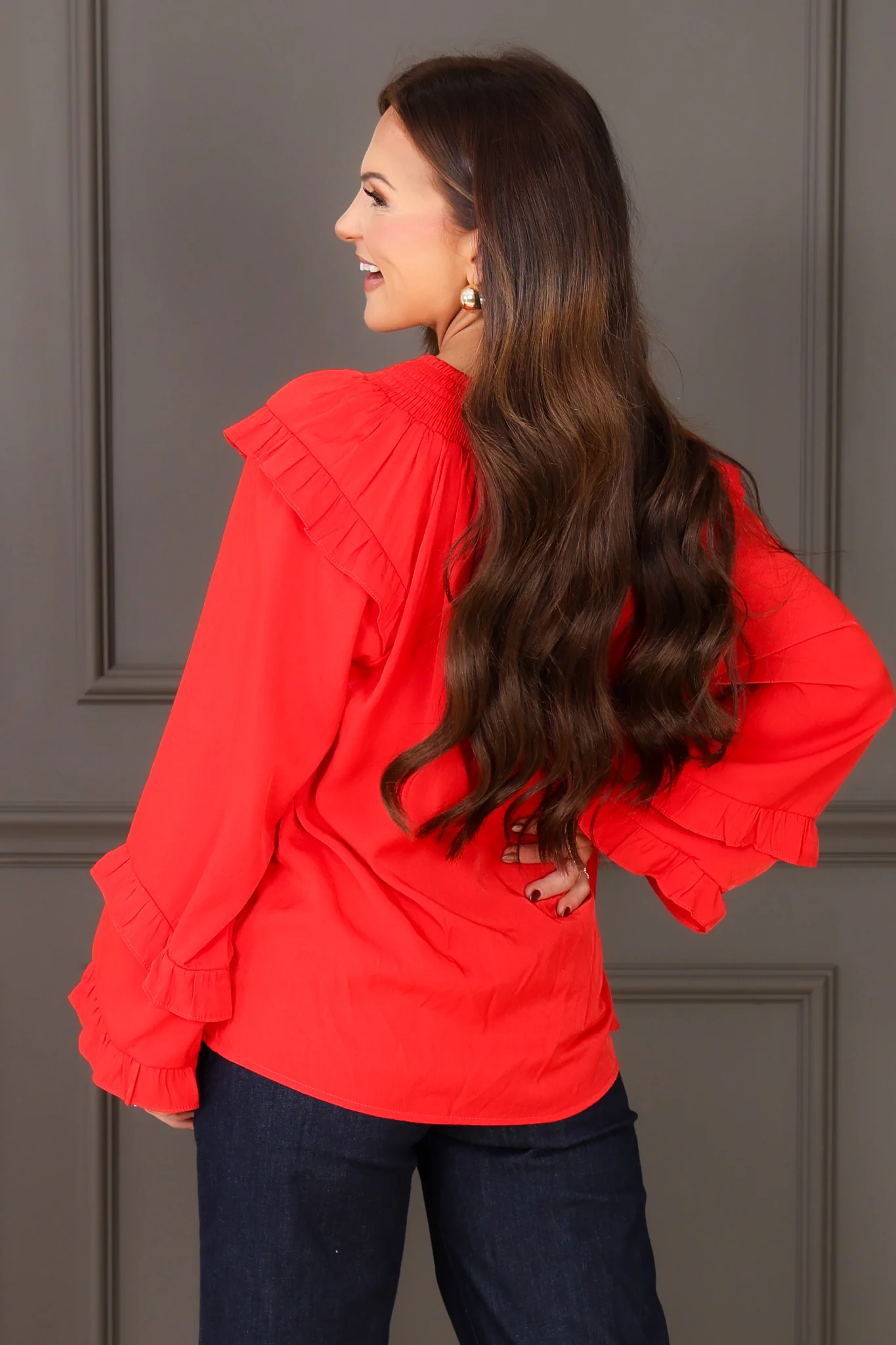 DOORBUSTER Say Something Red Long Sleeve Ruffle Top - Image 5