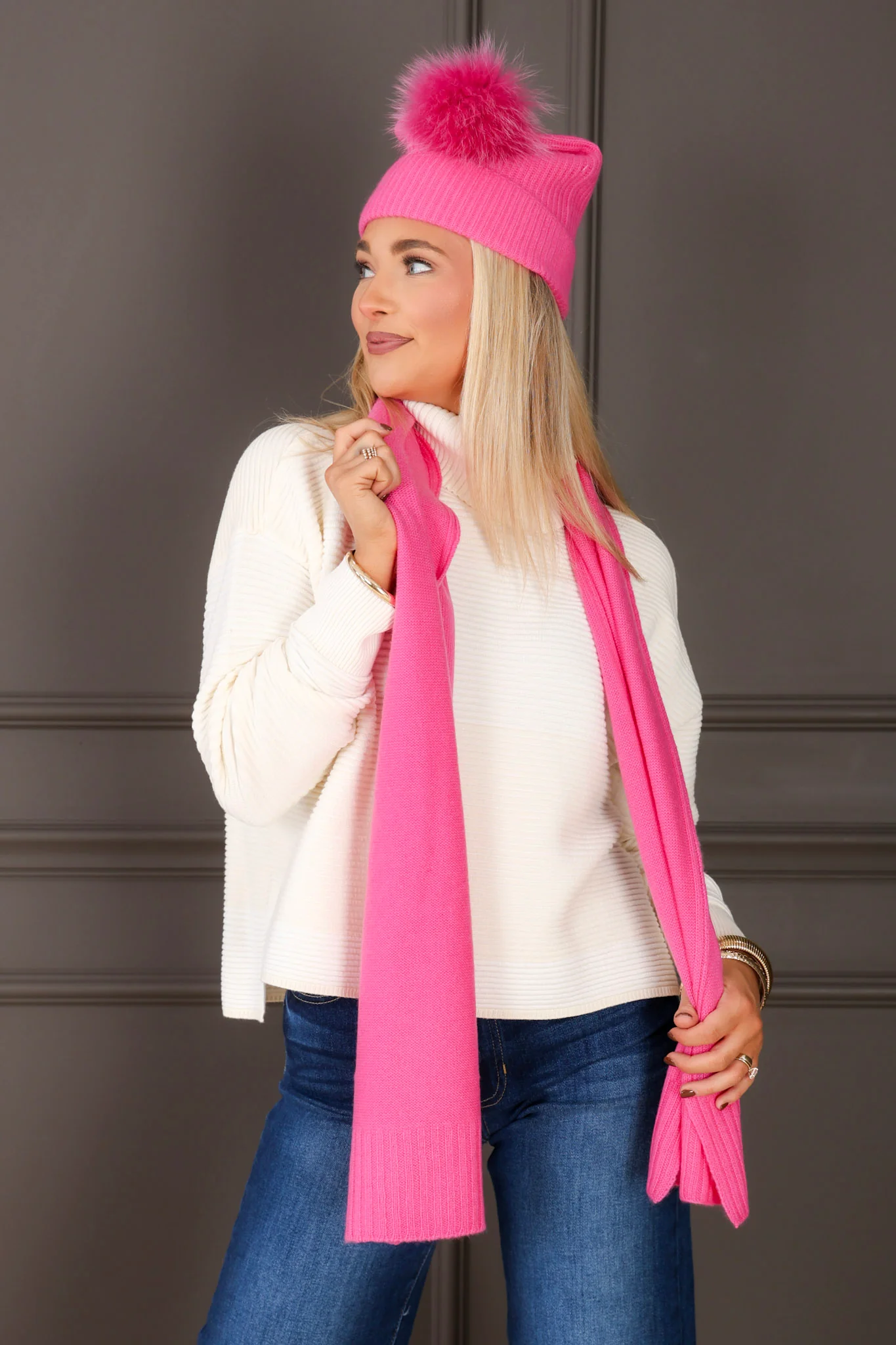 Mitchie's Hot Pink Knit Cashmere Scarf - Image 4