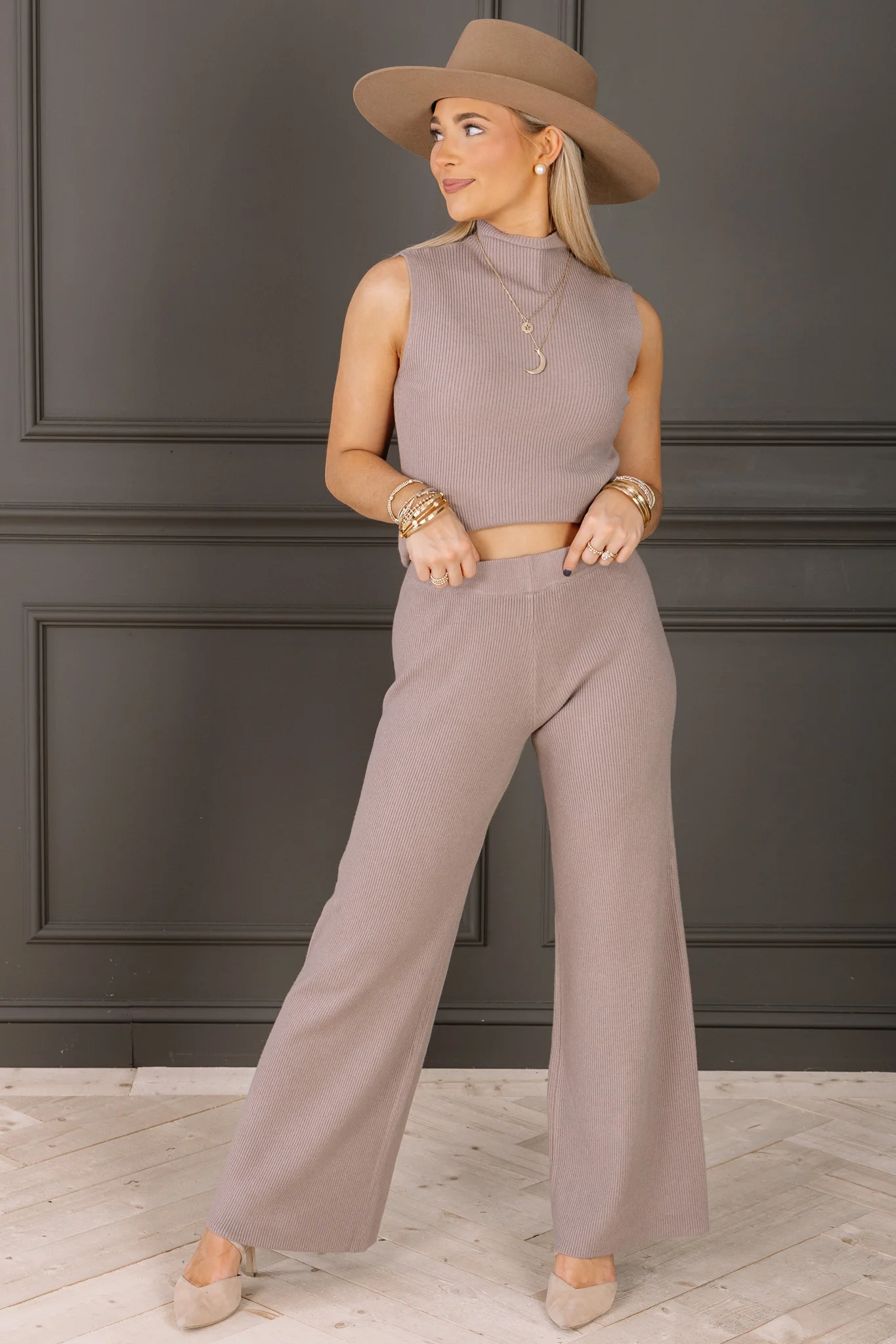 Settle on Down Khaki Ribbed Wide Leg Pant - Image 4