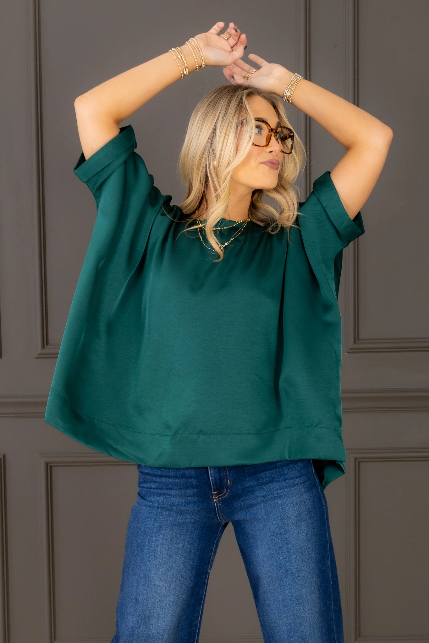 Madison Oversized Hunter Green Short Sleeve Top - Image 3