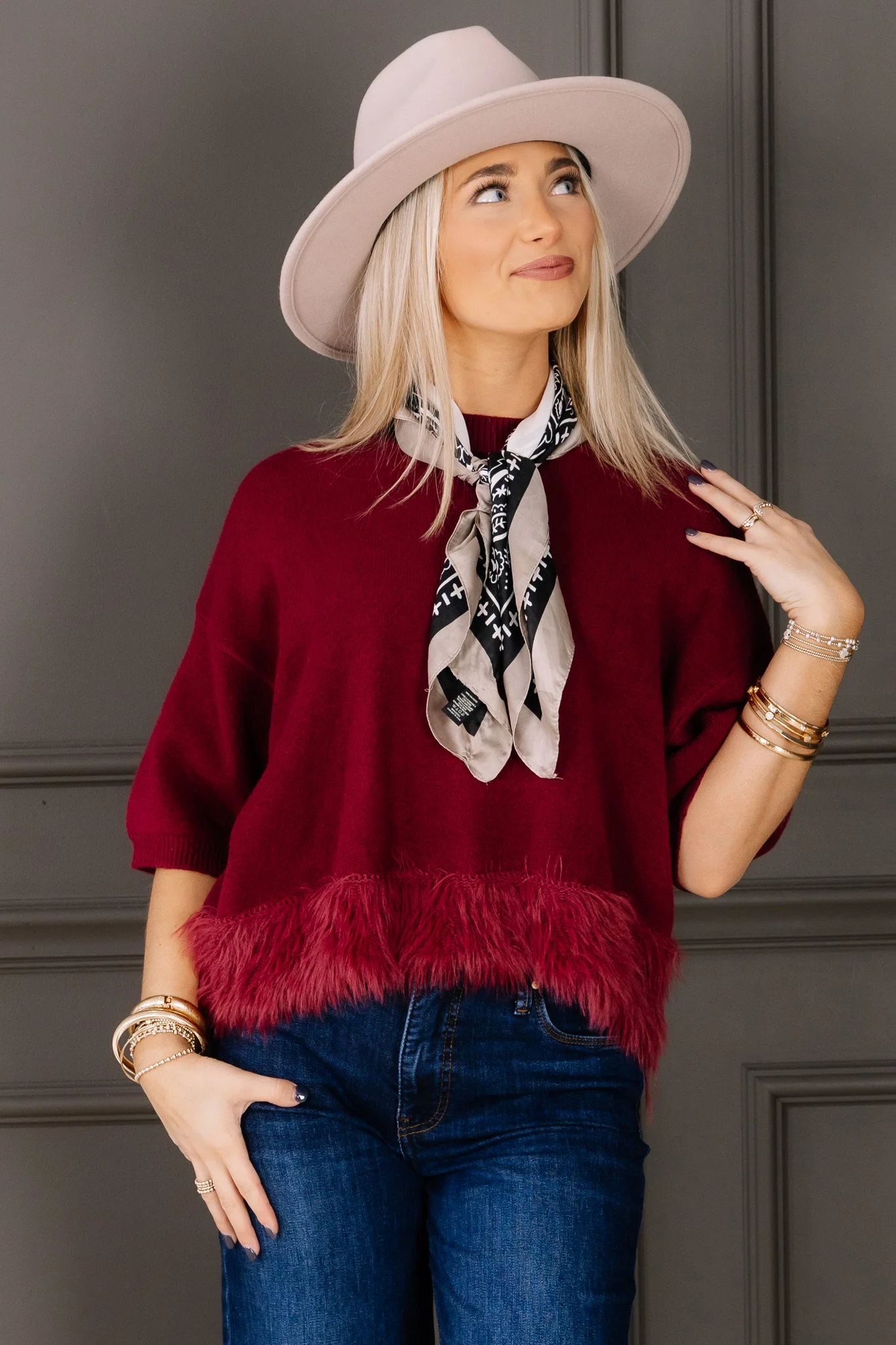 All That Burgundy Short Sleeve Feather Sweater Blouse - Image 2