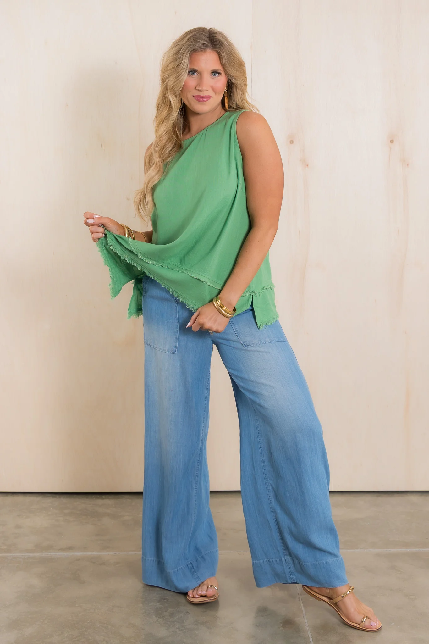 Tommie Sage Green Sleeveless Frey Hem Top