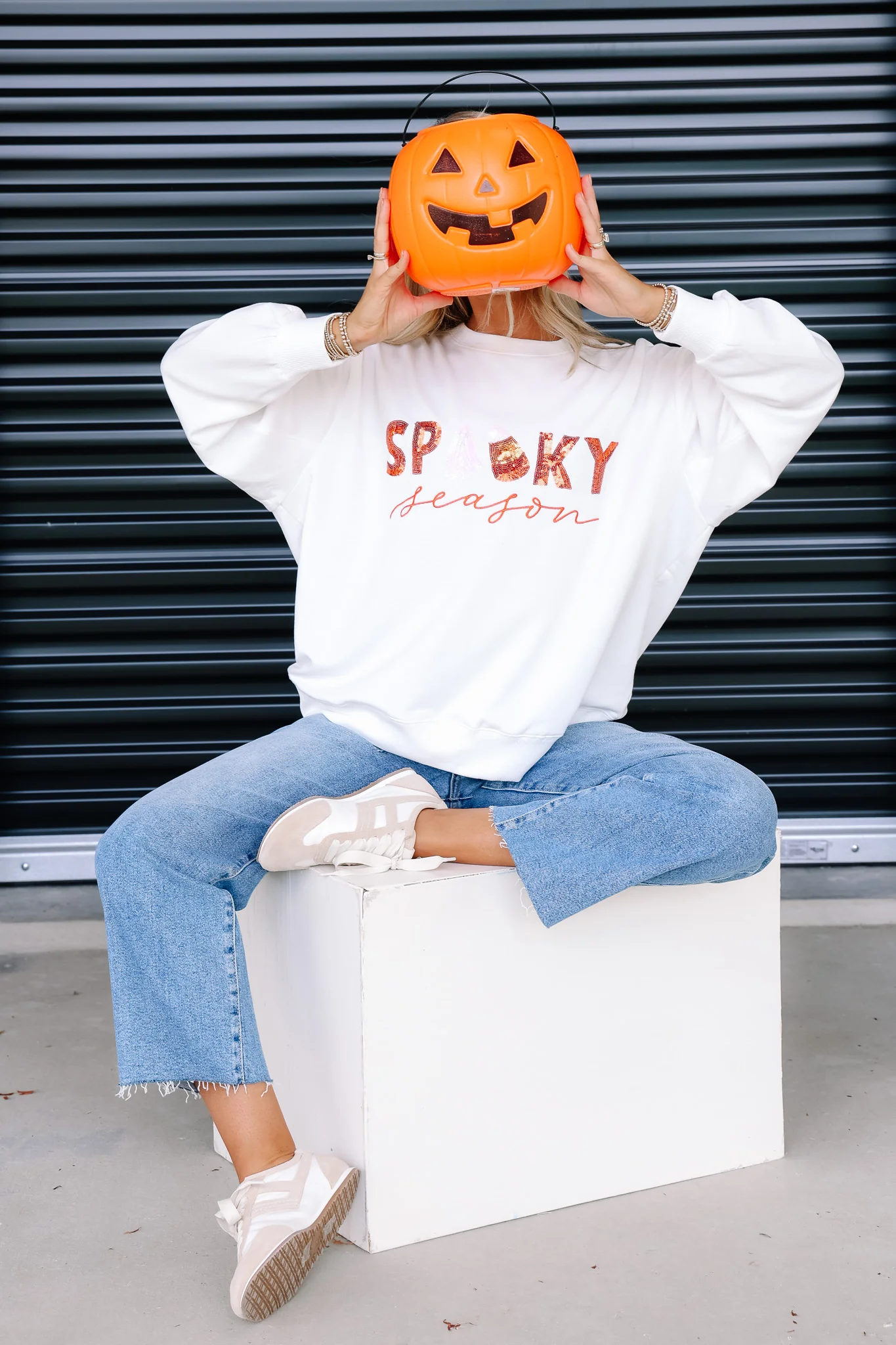 Mary Square White Spooky Season Long Sleeve Sweatshirt