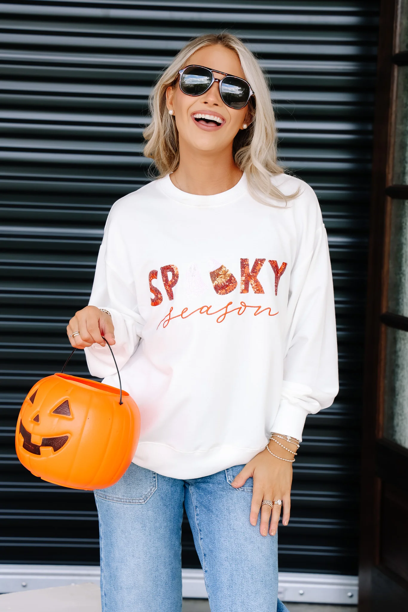 Mary Square White Spooky Season Long Sleeve Sweatshirt - Image 3