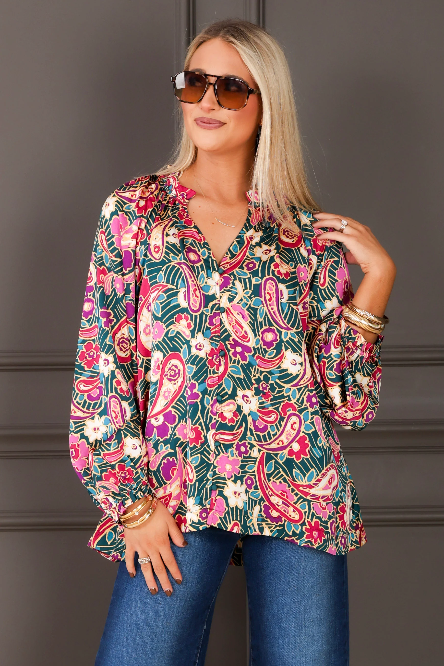 Paisley Teal Green Long Sleeve Blouse