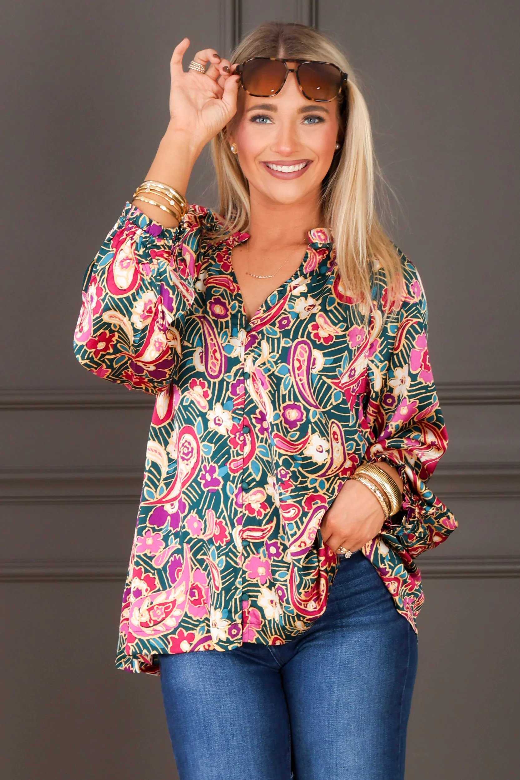 Paisley Teal Green Long Sleeve Blouse - Image 5