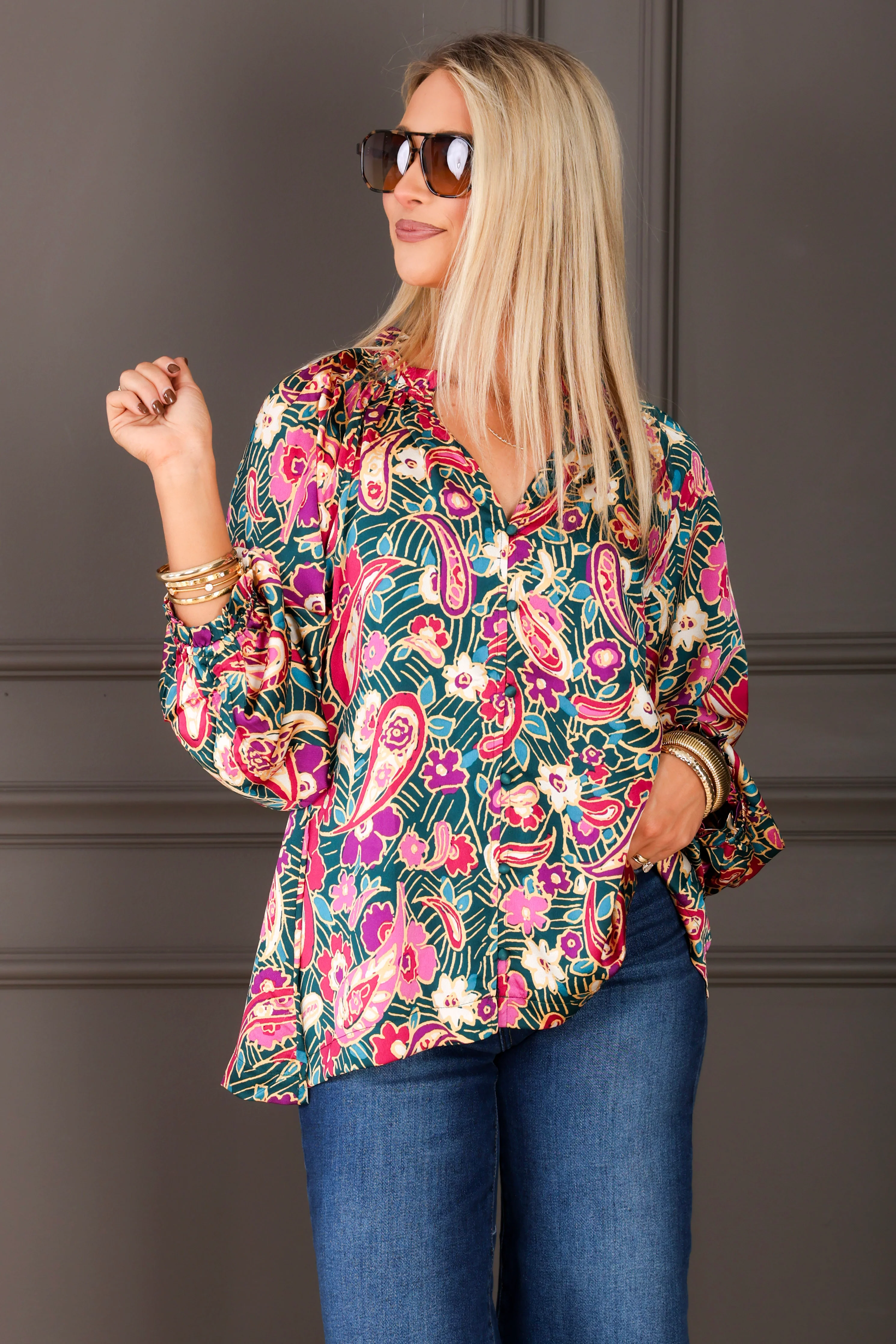 Paisley Teal Green Long Sleeve Blouse - Image 6