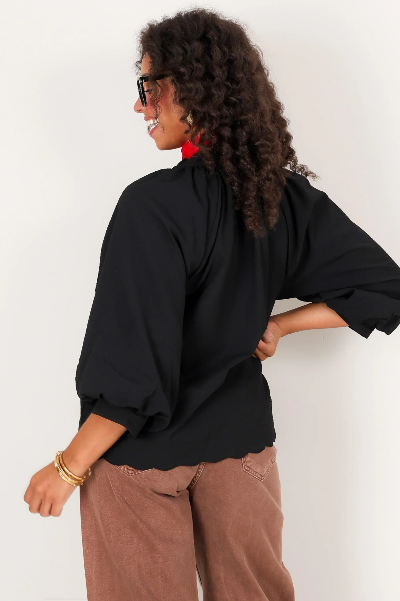 Lorie Scalloped Black Long Sleeve Blouse - Image 6