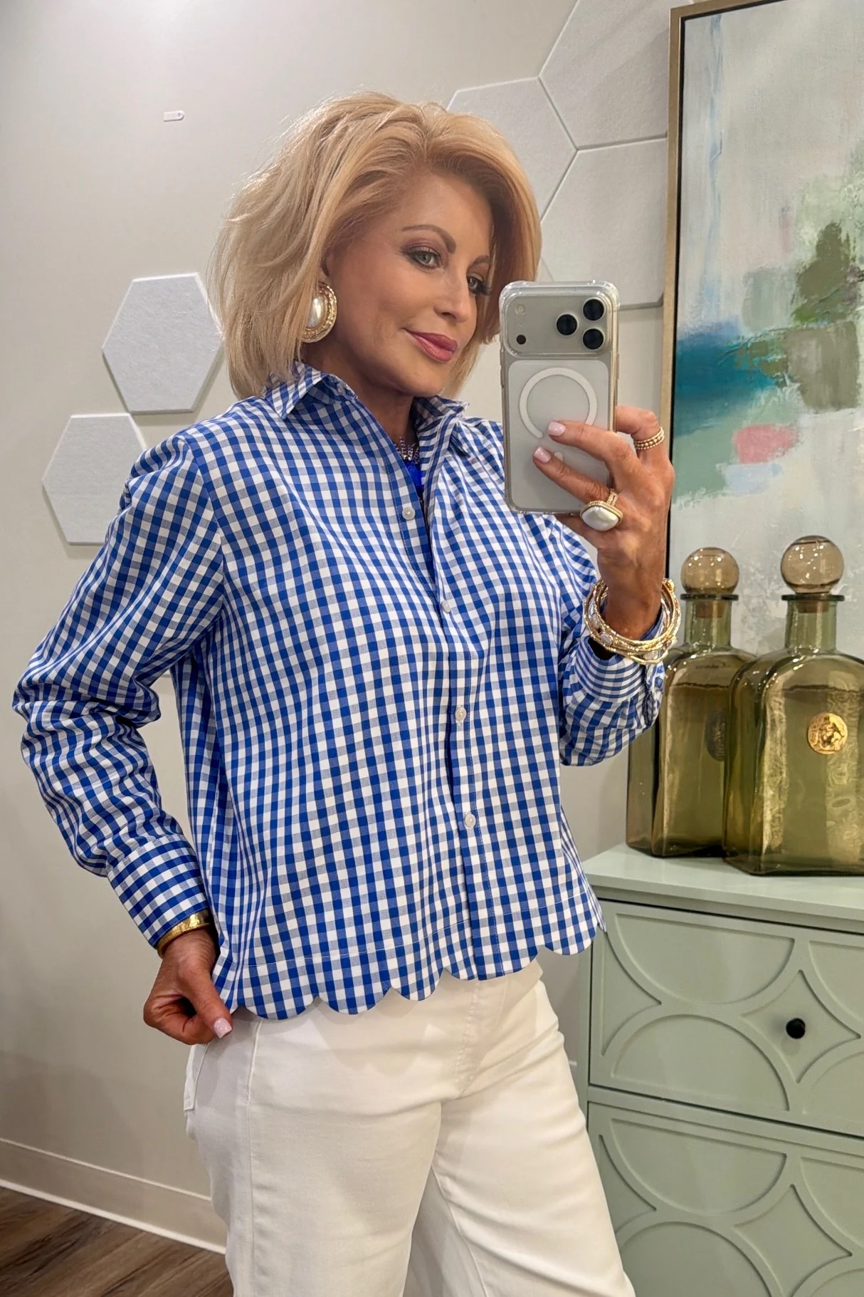 Foxcroft Scarlett White & Blue Gingham Long Sleeve Blouse