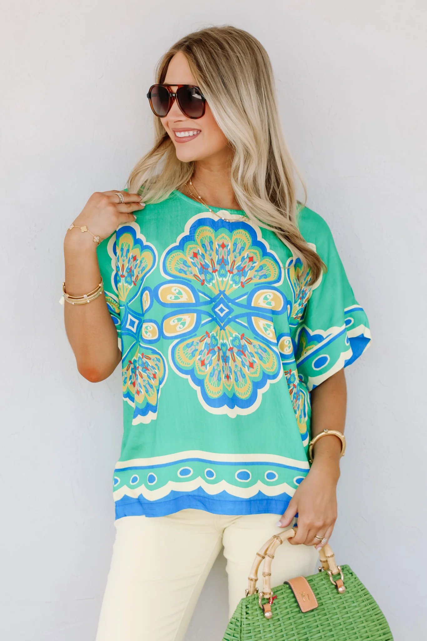 Making Deals Green Mix Short Sleeve Blouse - Image 5