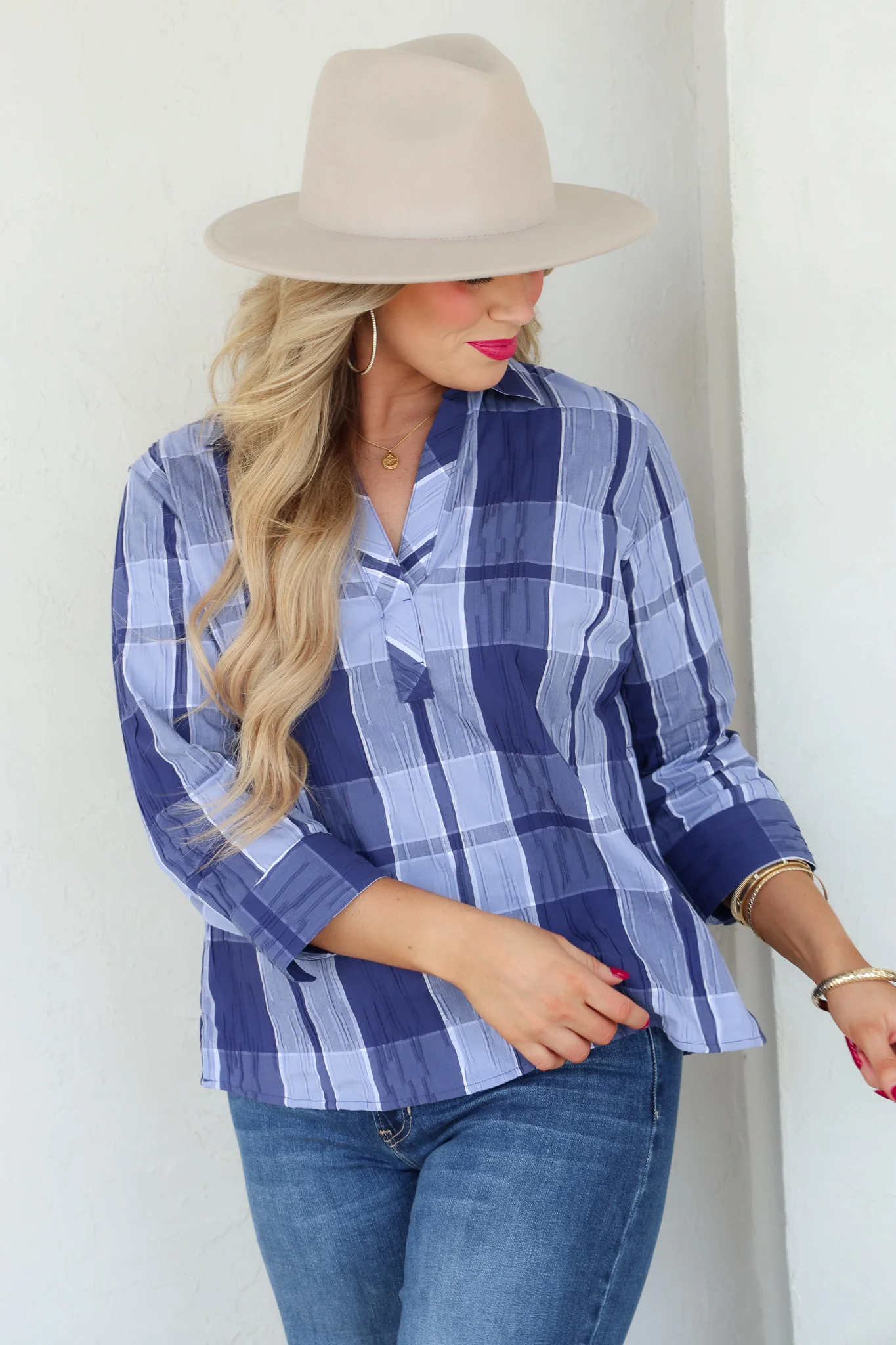 Foxcroft Sophia Blue Iris Plaid Long Sleeve Blouse - Image 2