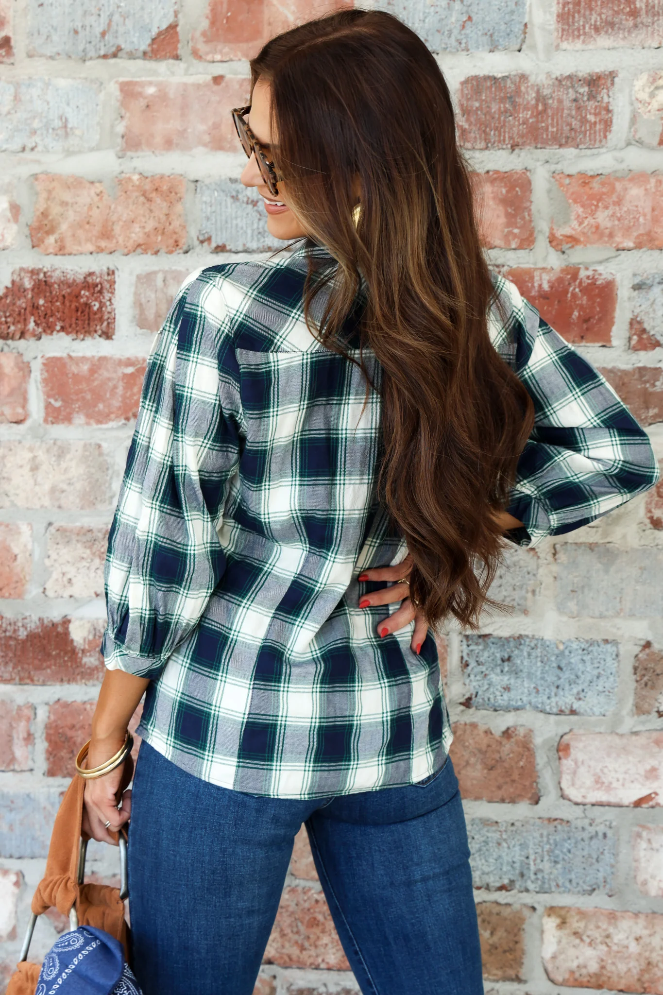 DOORBUSTER Foxcroft Sophie Navy Plaid Long Sleeve Blouse - Image 6