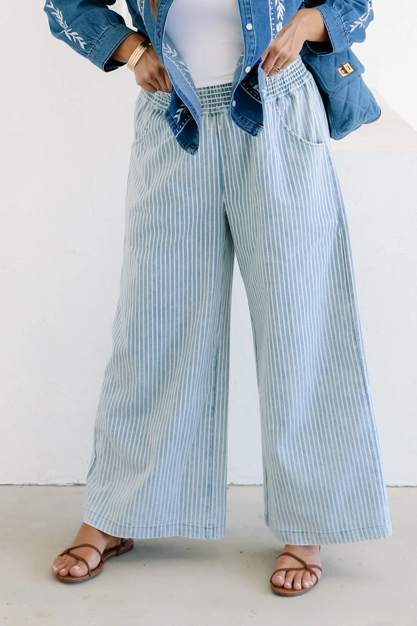 Stone Wash Stripe Denim Wide Leg Pant
