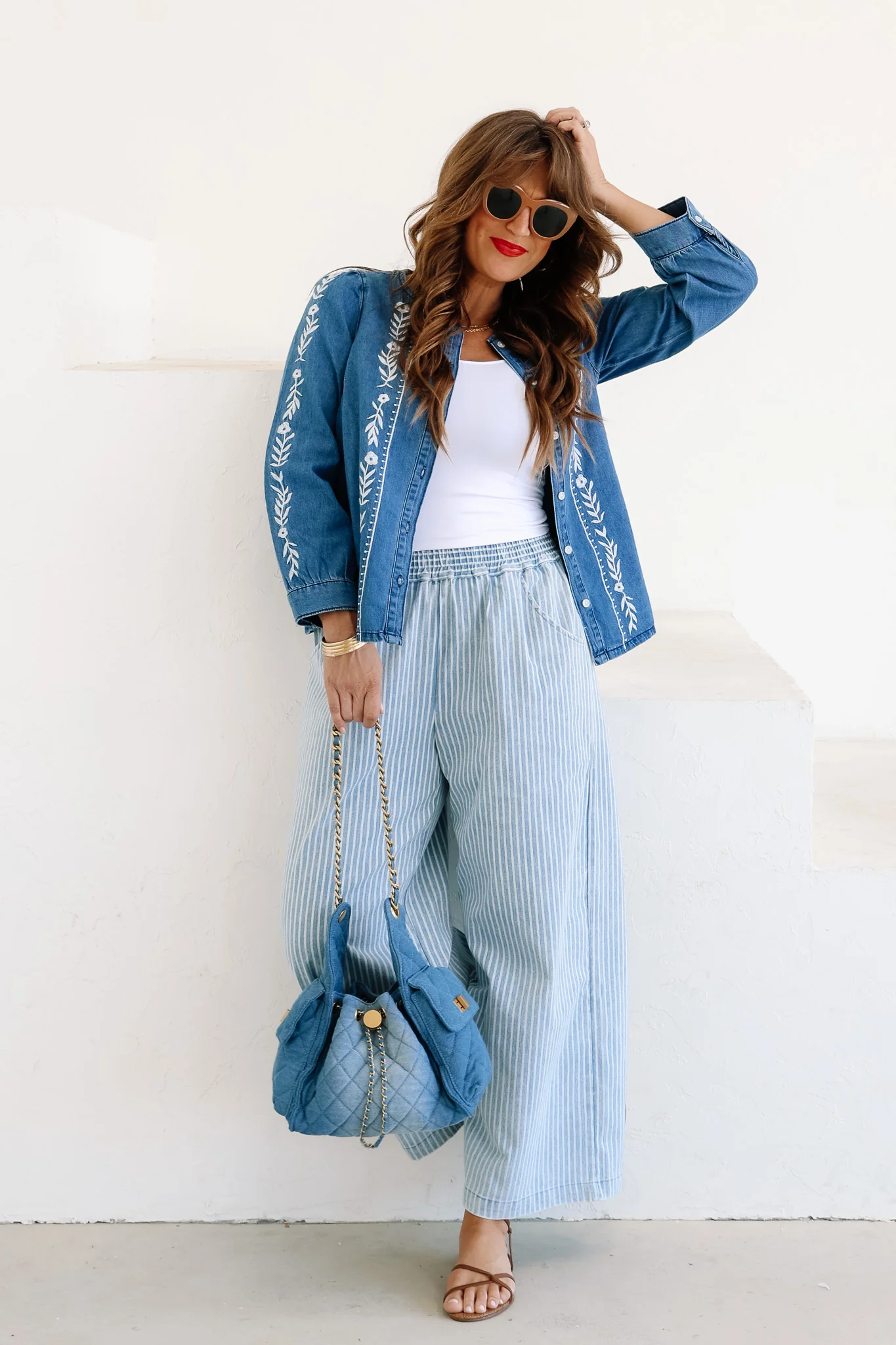 Stone Wash Stripe Denim Wide Leg Pant - Image 5