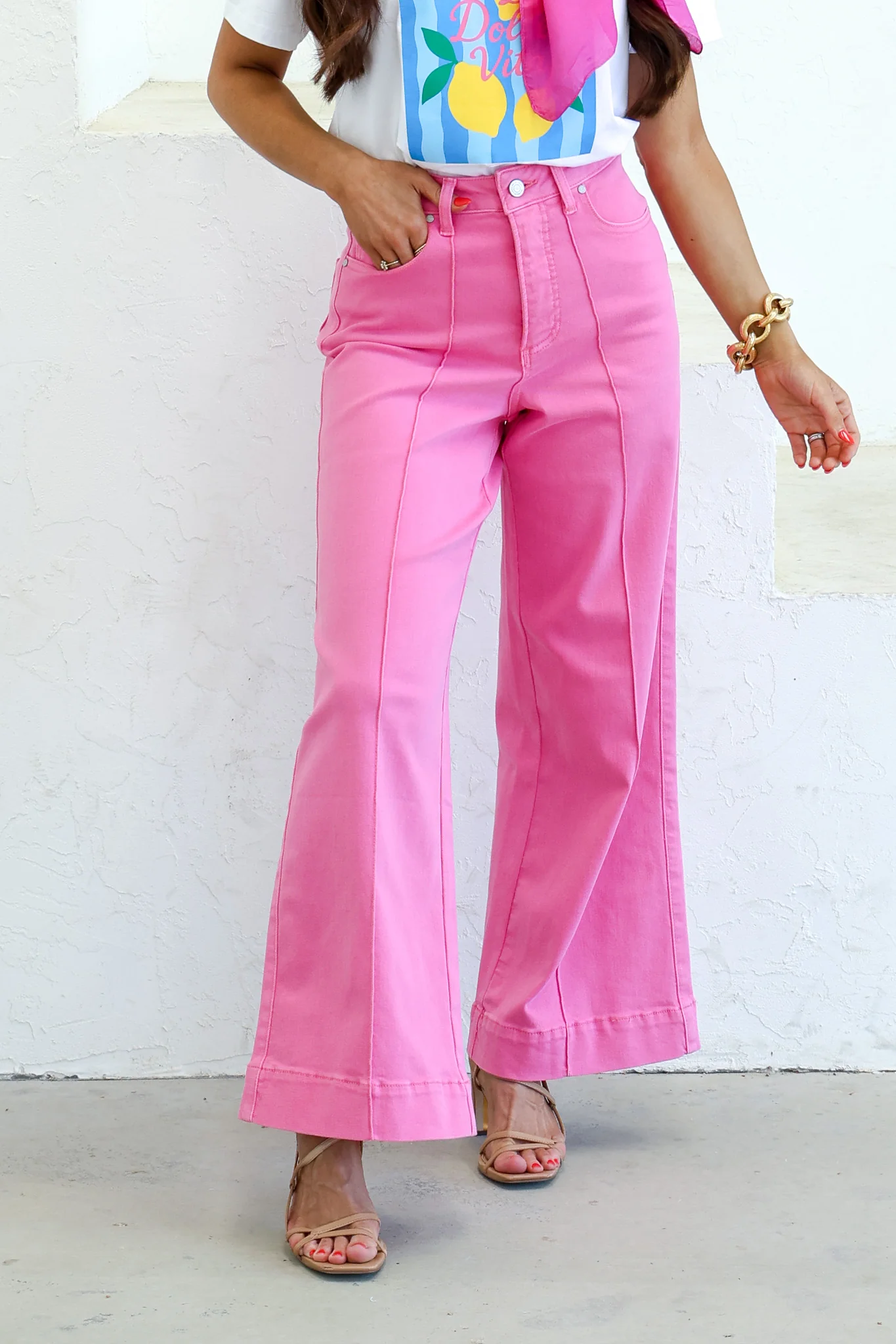 For A Reason Pin Tuck Detail Rose Tint Wide Leg Jean