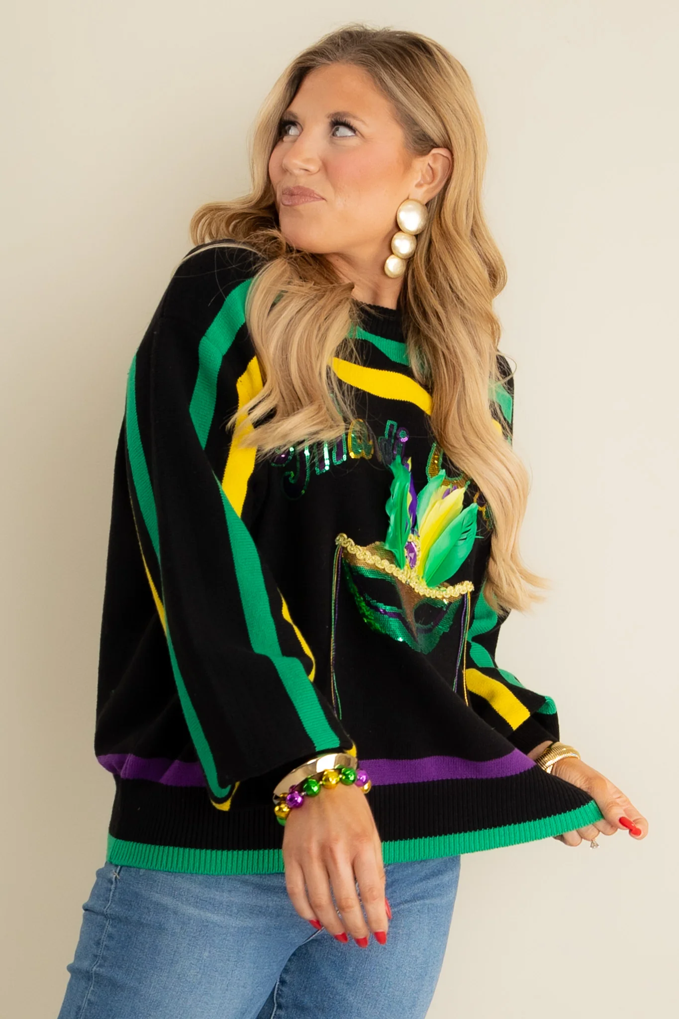 Mardi Gras Striped Mask Long Sleeve Sweater | Queen Of Sparkles